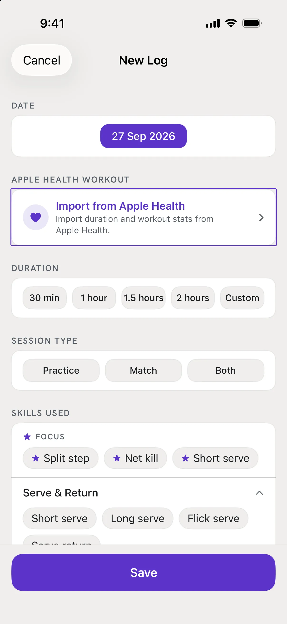 The Apple Health Workout card with Import from Apple Health outlined.