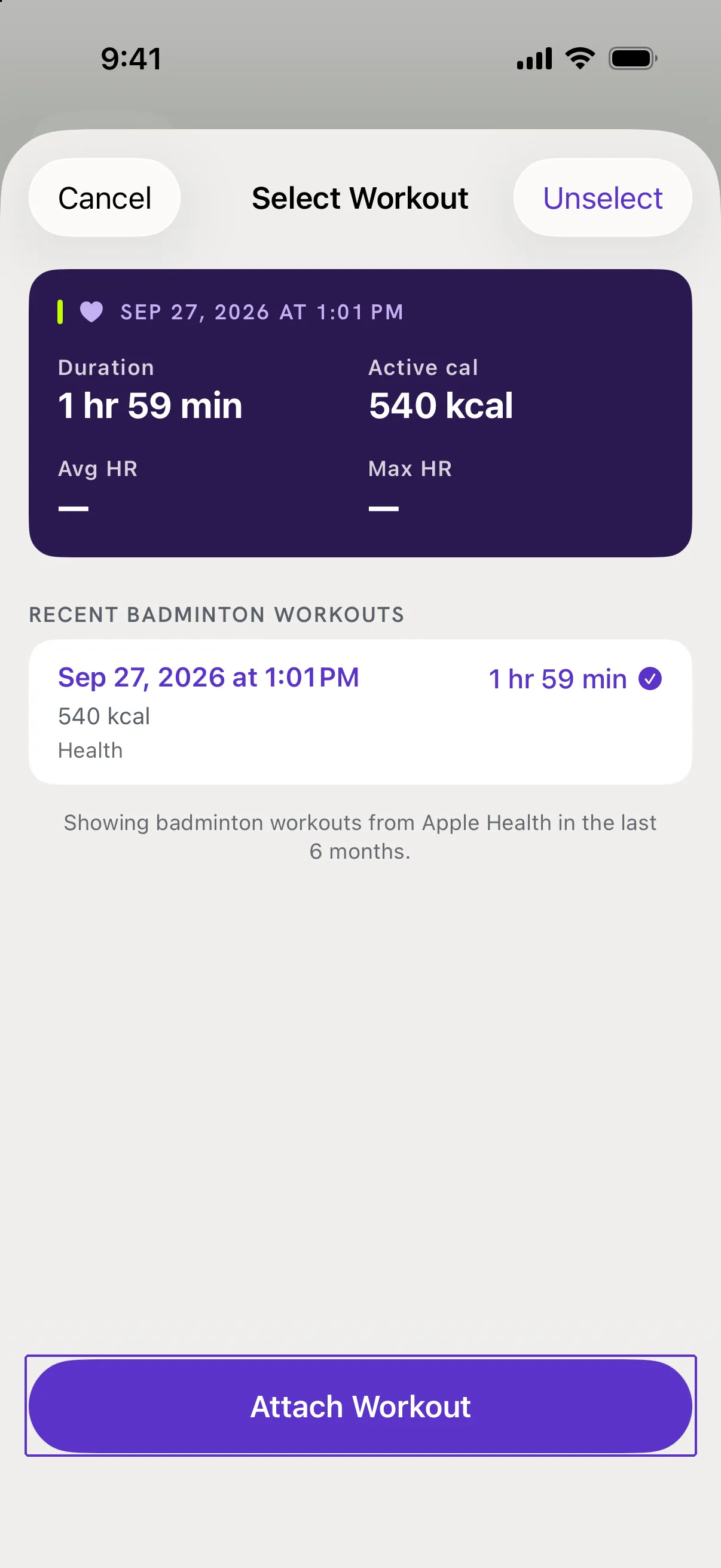 The Select Workout screen with a workout selected, its preview above, and Attach Workout outlined.