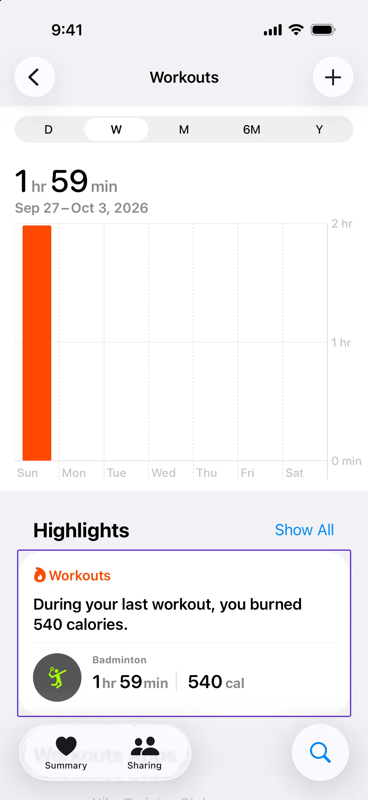 The Workouts page in the Health app showing a Badminton workout, outlined.