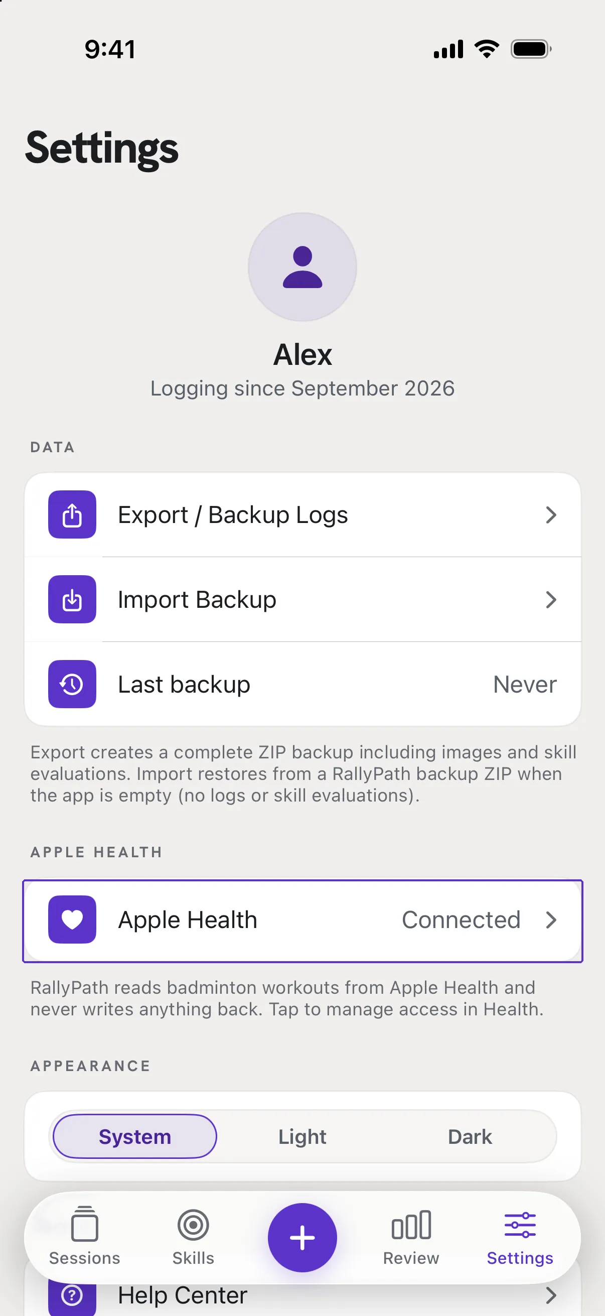 RallyPath Settings with the Apple Health row, reading Connected, outlined.