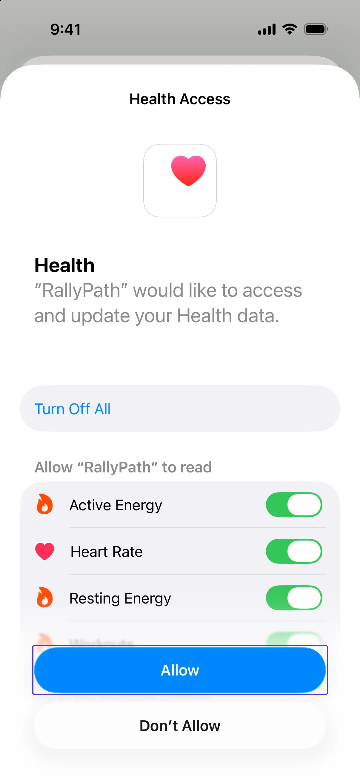 The iOS Health Access sheet with RallyPath's read permissions turned on and Allow outlined.