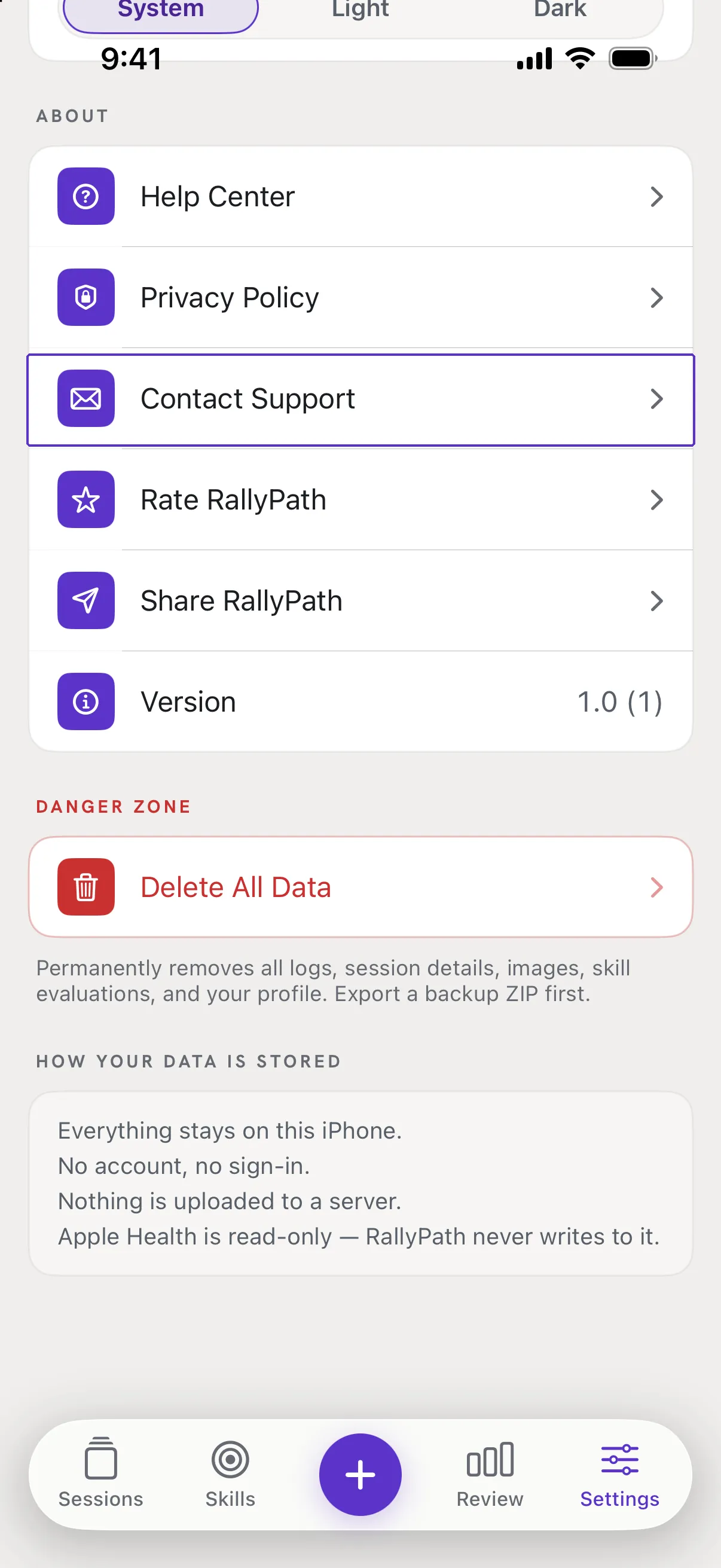 The About card in Settings with Contact Support outlined.