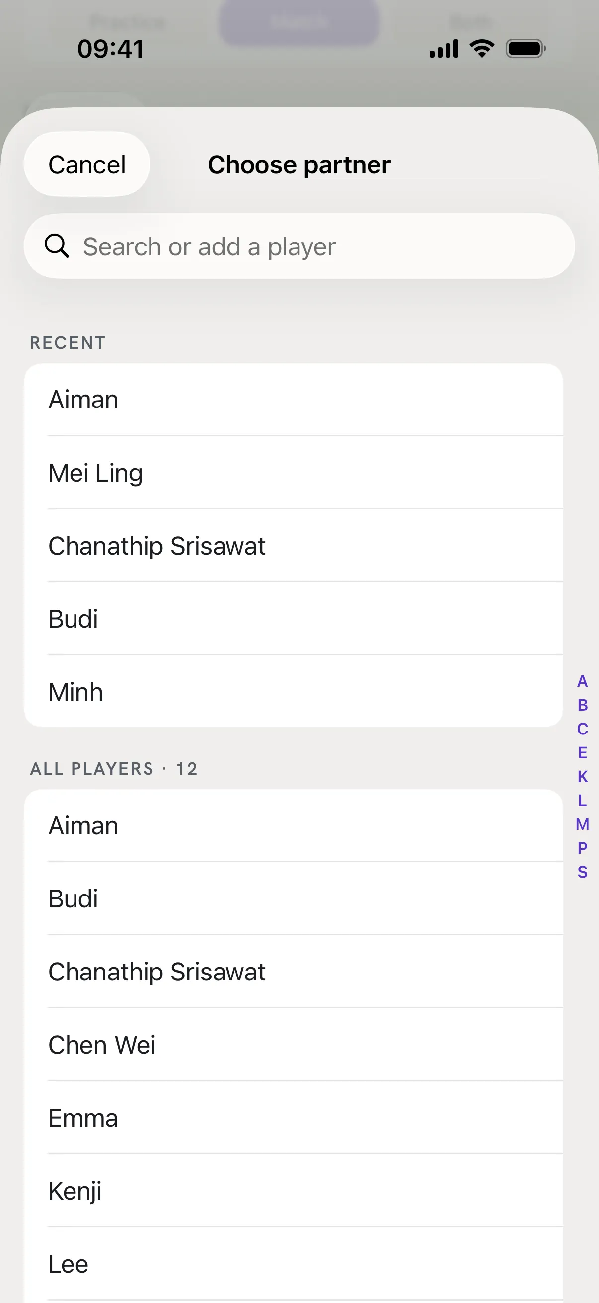 The Choose partner list with a search box, Recent names and all players from A to Z.
