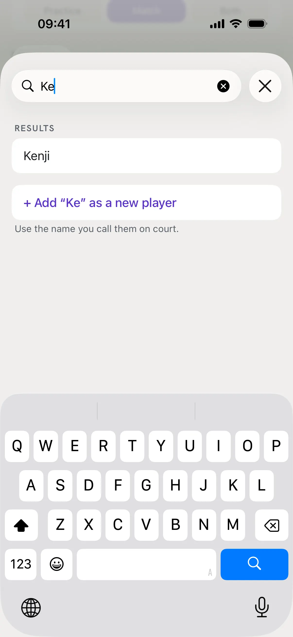 Ke typed in the search box: Kenji in the results and an option to add Ke as a new player.