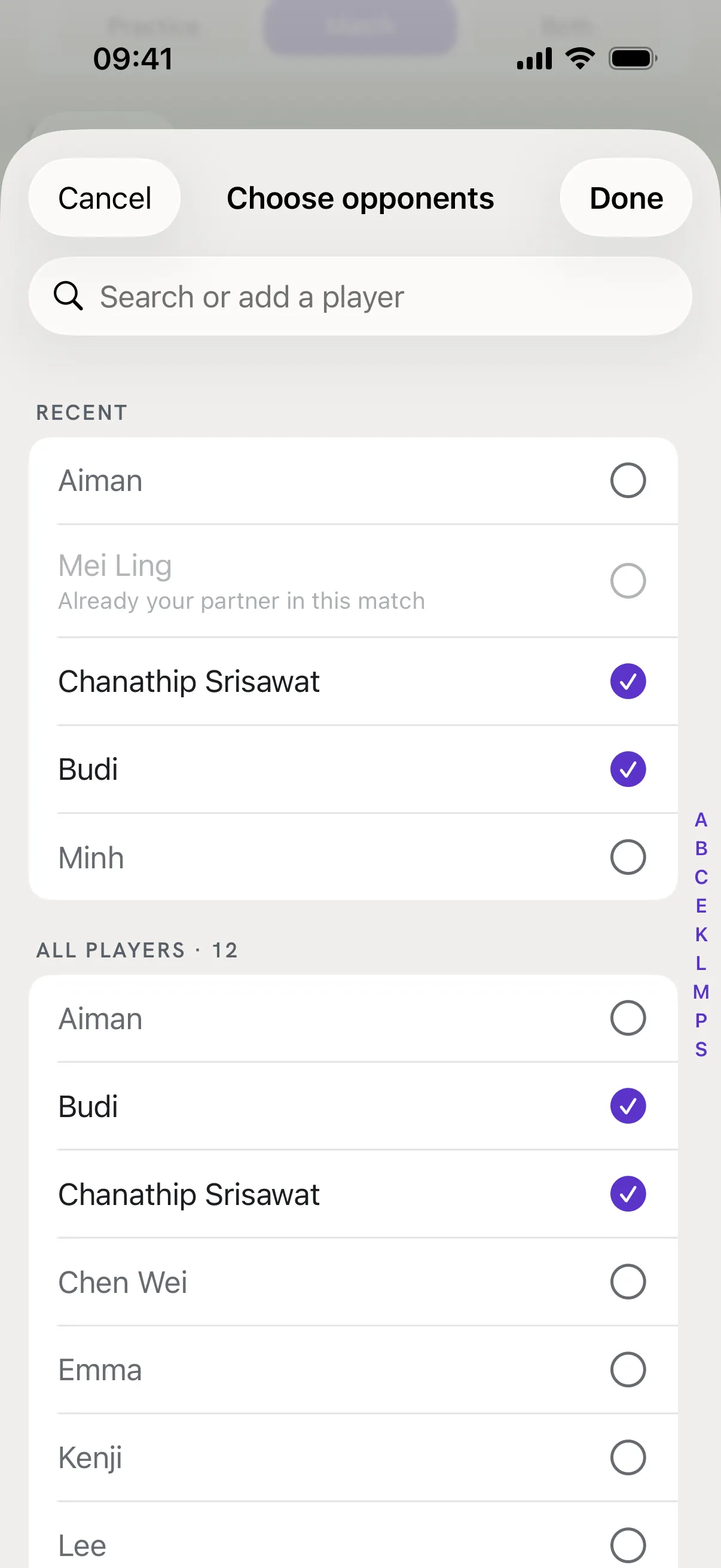 The Choose opponents list with Chanathip Srisawat and Budi ticked, and Mei Ling greyed out as already your partner.