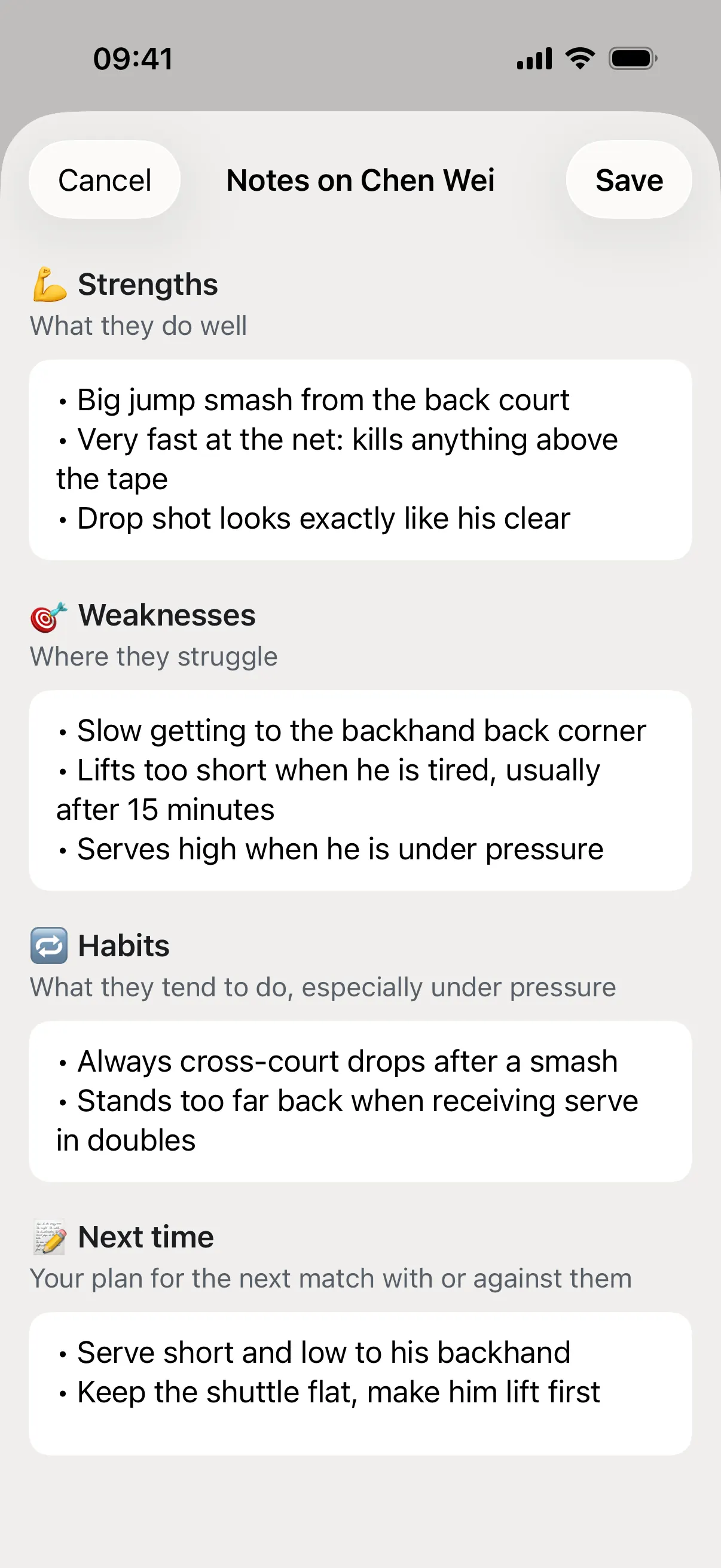 Notes on Chen Wei with Strengths, Weaknesses, Habits and Next time filled in as short bullet lists.