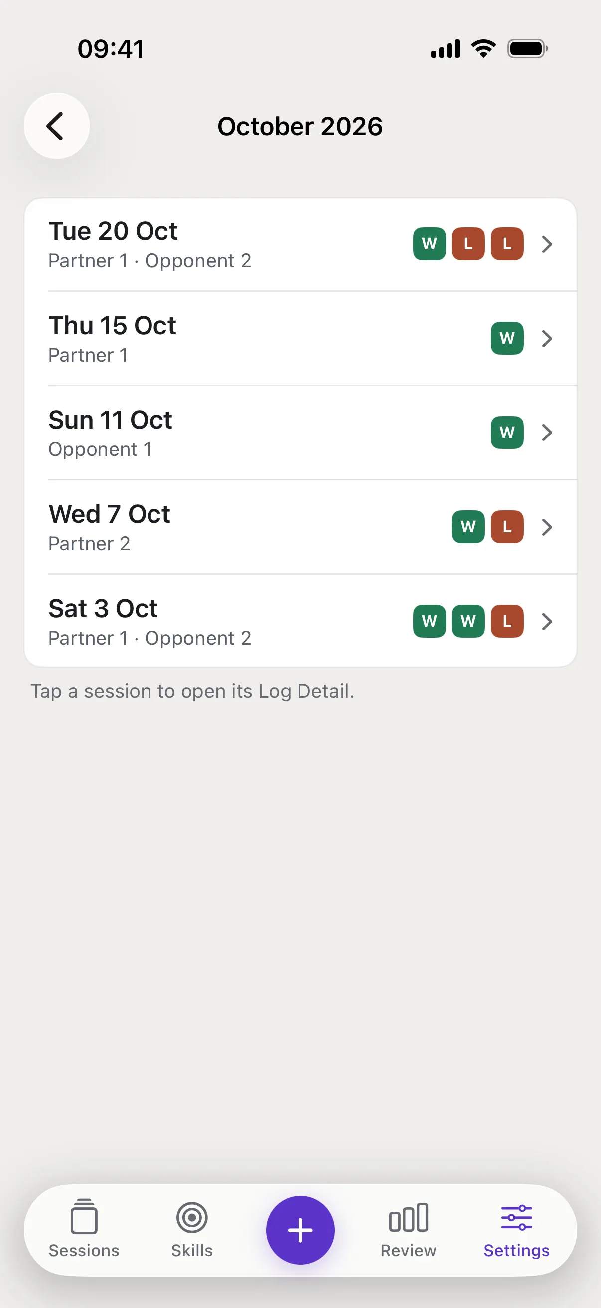 October 2026 with Chen Wei: one row per session from 3 to 20 October, each with W and L squares for its matches.