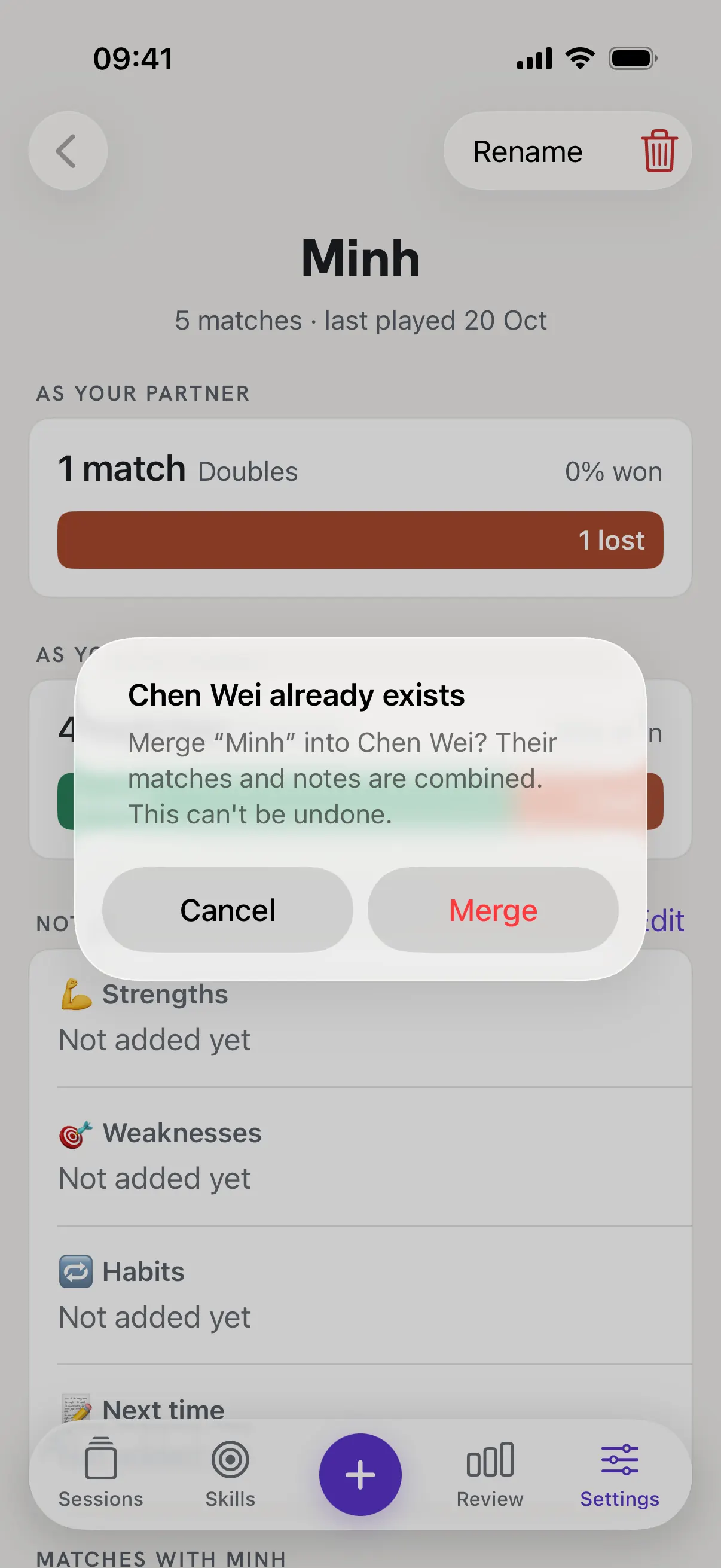 Chen Wei already exists: a message asking to merge Minh into Chen Wei, with Cancel and Merge.