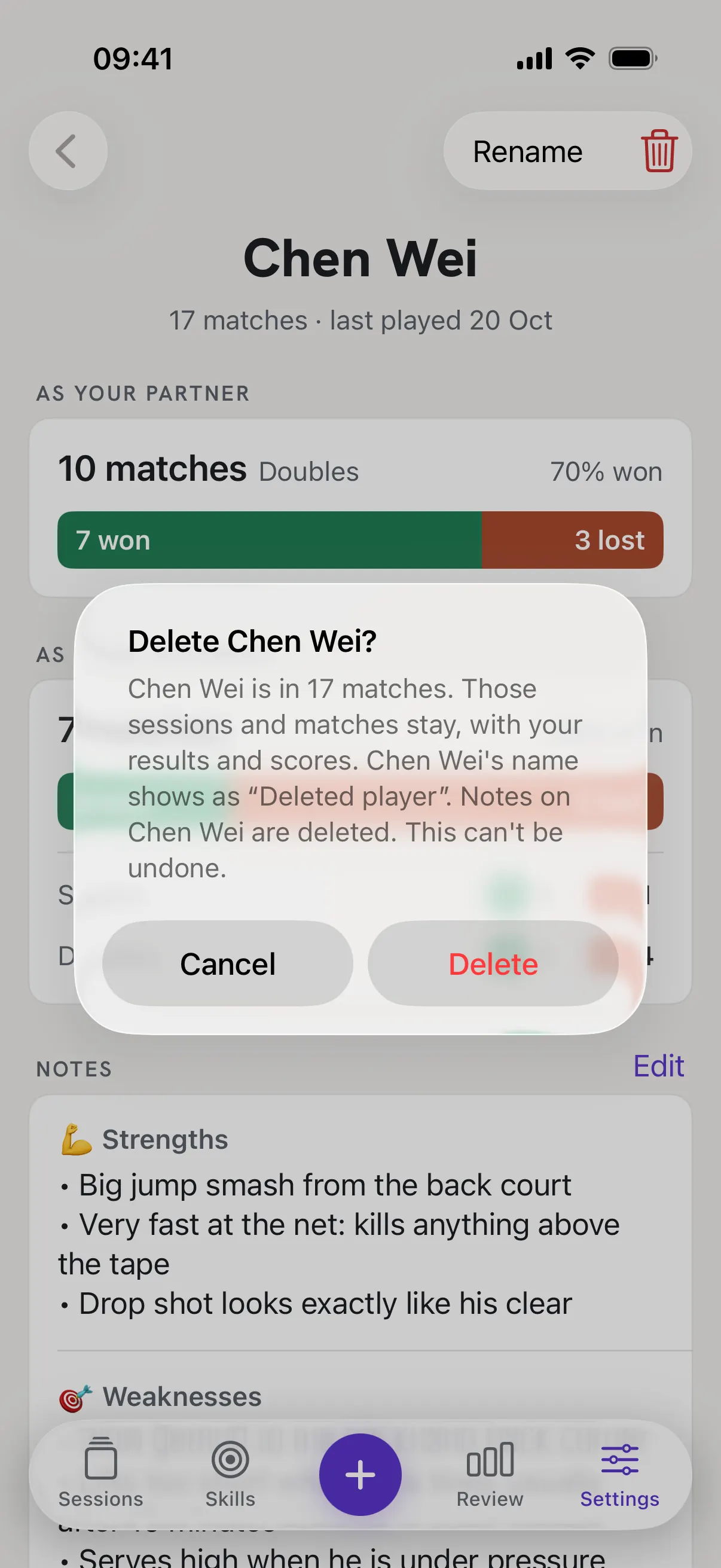 Delete Chen Wei? Chen Wei is in 17 matches. The sessions and matches stay, the name shows as Deleted player, and the notes are deleted.
