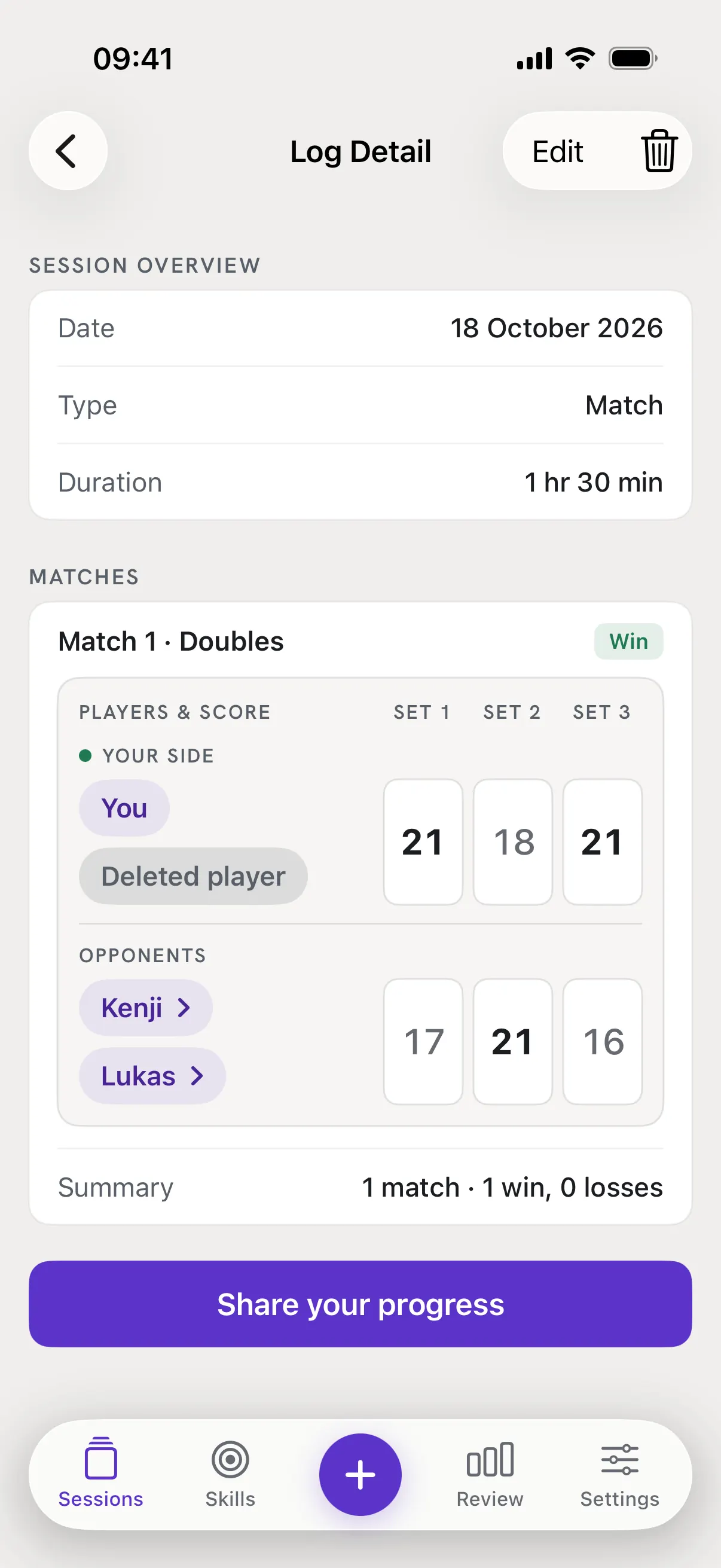Log Detail of a doubles win: your partner's spot reads Deleted player, and the scores are still there.