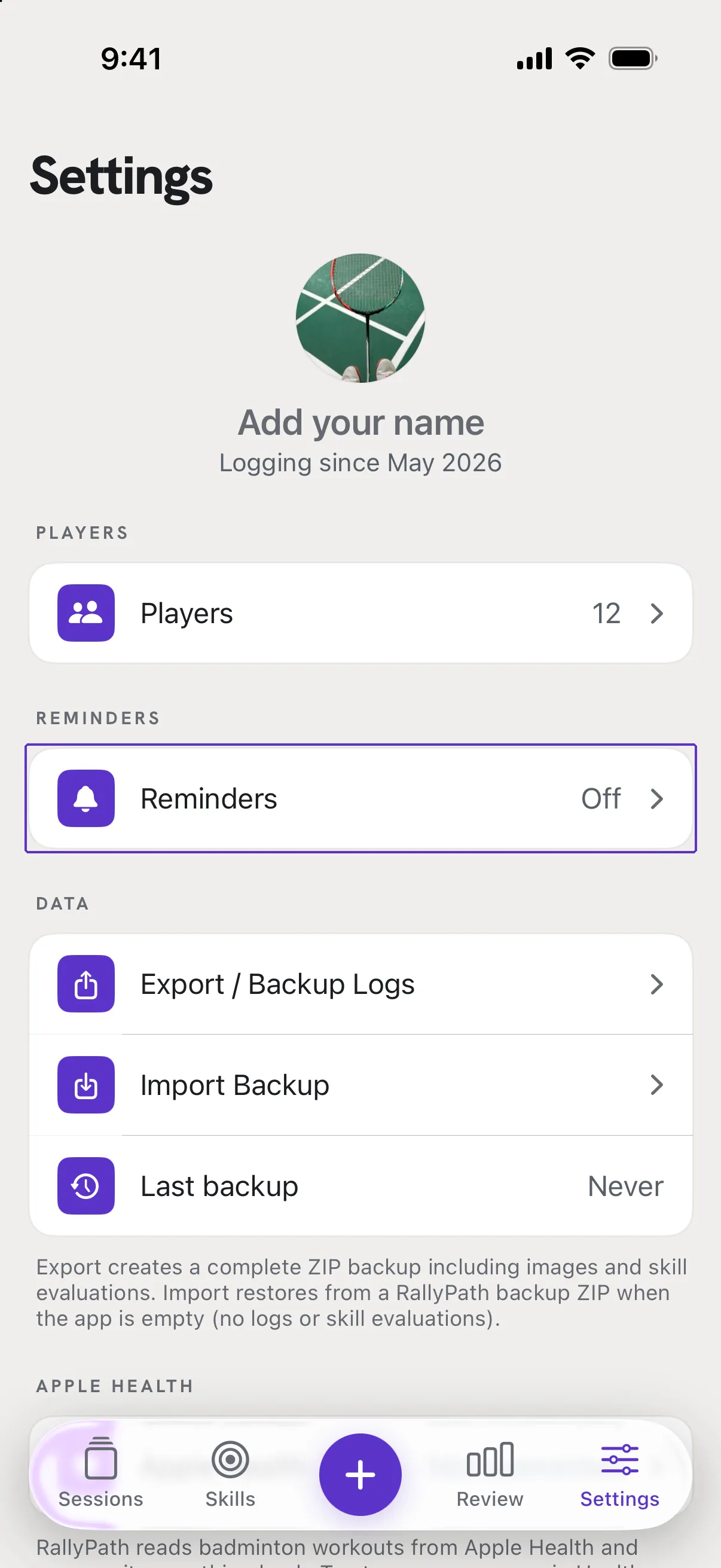 Settings with the Reminders row outlined under Players, showing Off.