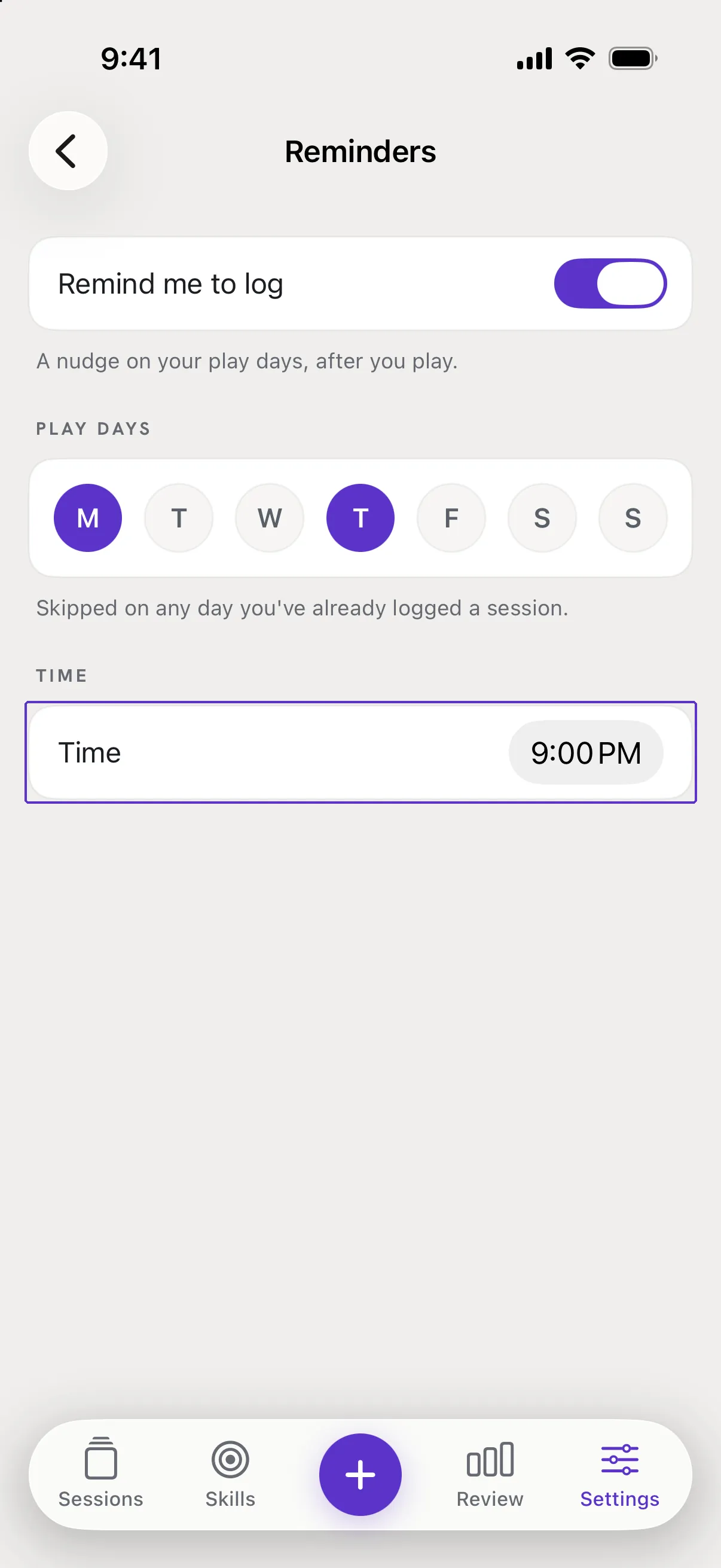 The Time row set to 9:00 PM, outlined.