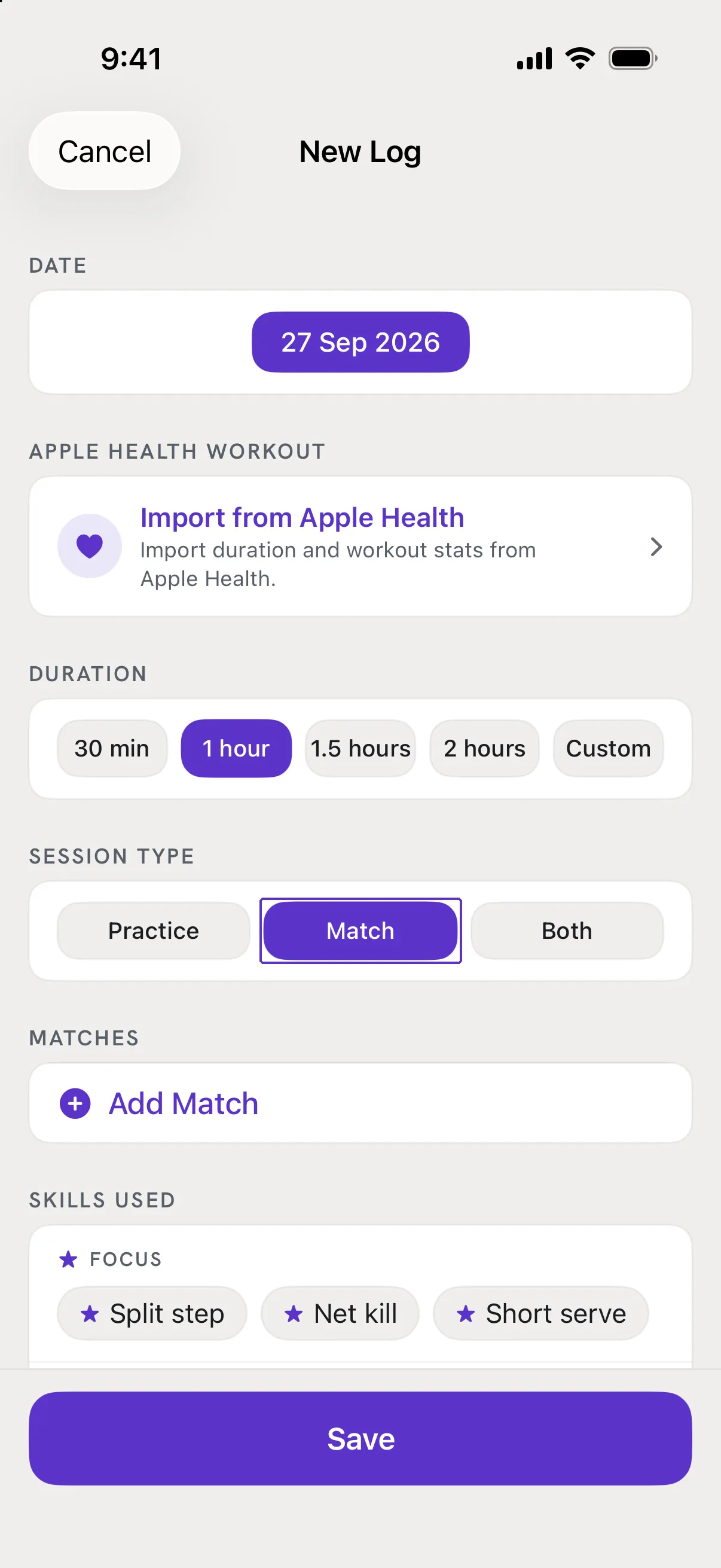 The Session Type card with Match selected and the Matches card below it.