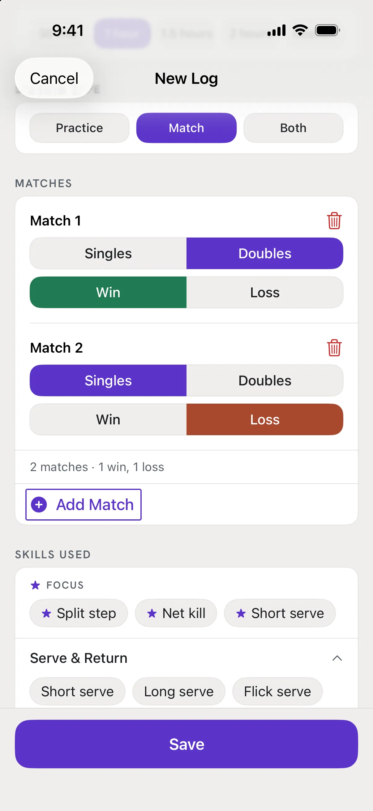 The Matches card with two matches filled in, and Add Match outlined.