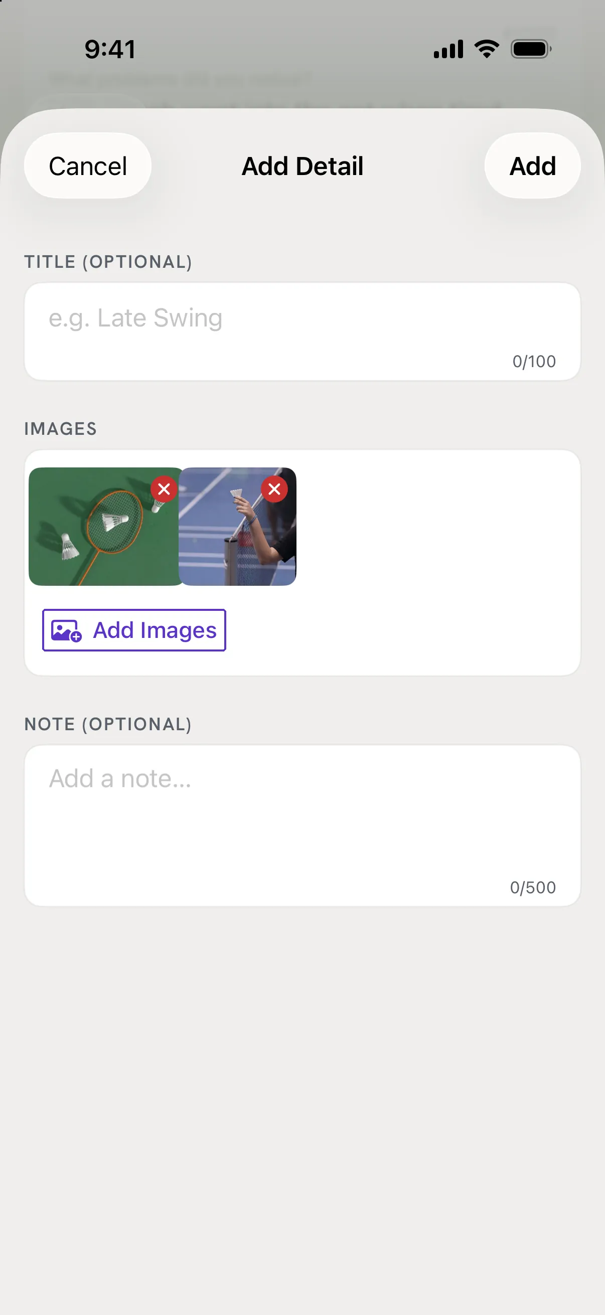 The Add Detail sheet with two images added and Add Images outlined.