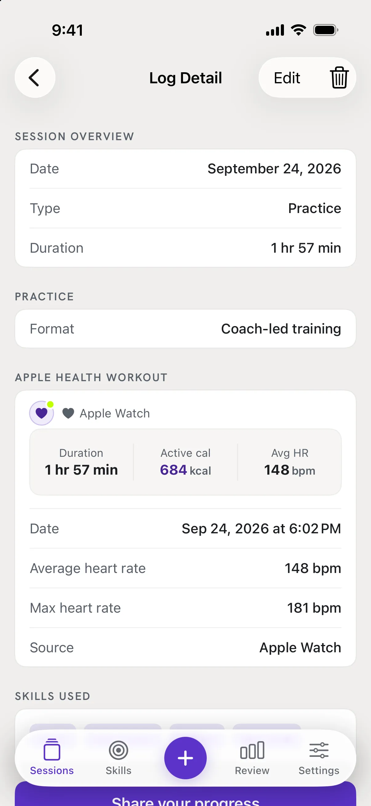 The Log Detail screen with the session overview, practice format and Apple Health workout.