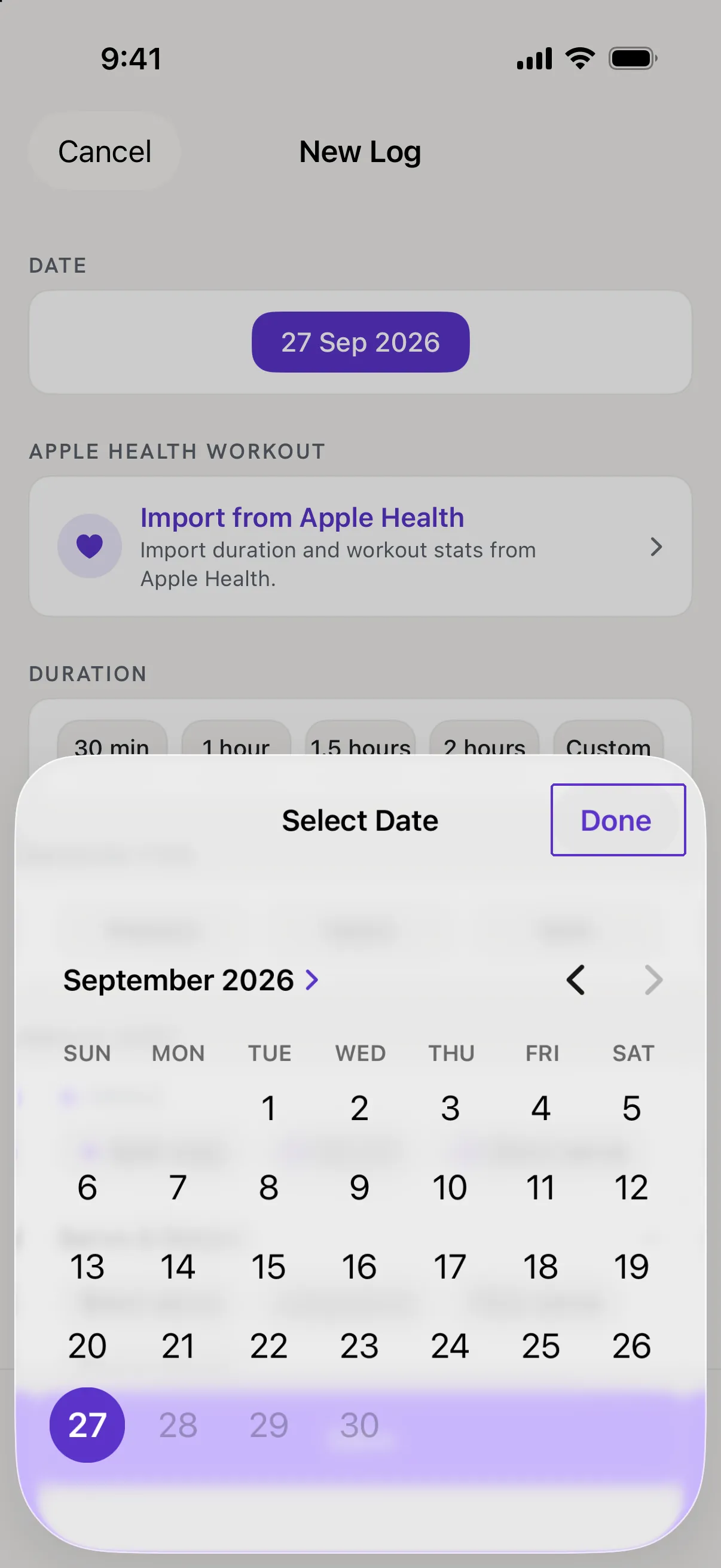 The Select Date calendar open over New Log, with Done outlined.