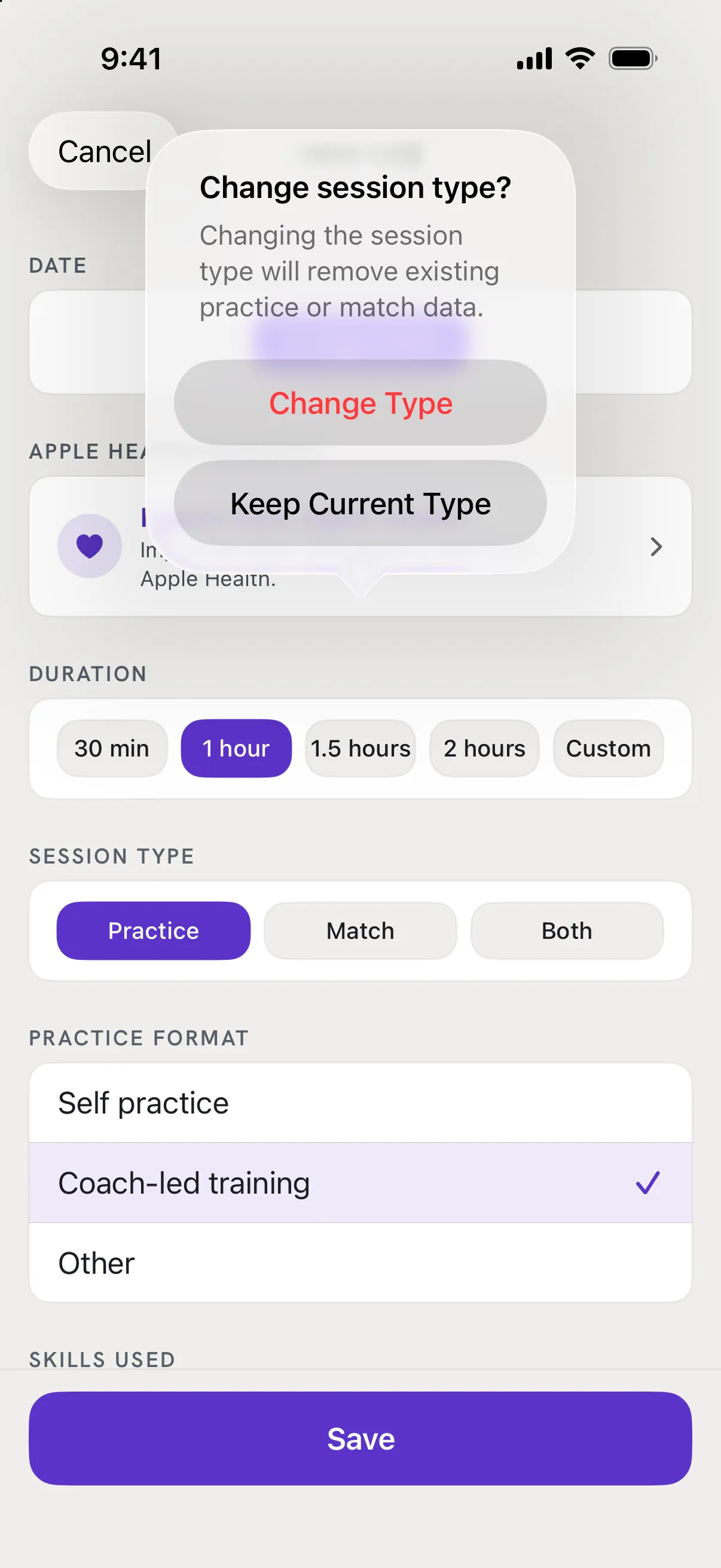 The Change session type? warning, offering Change Type or Keep Current Type.