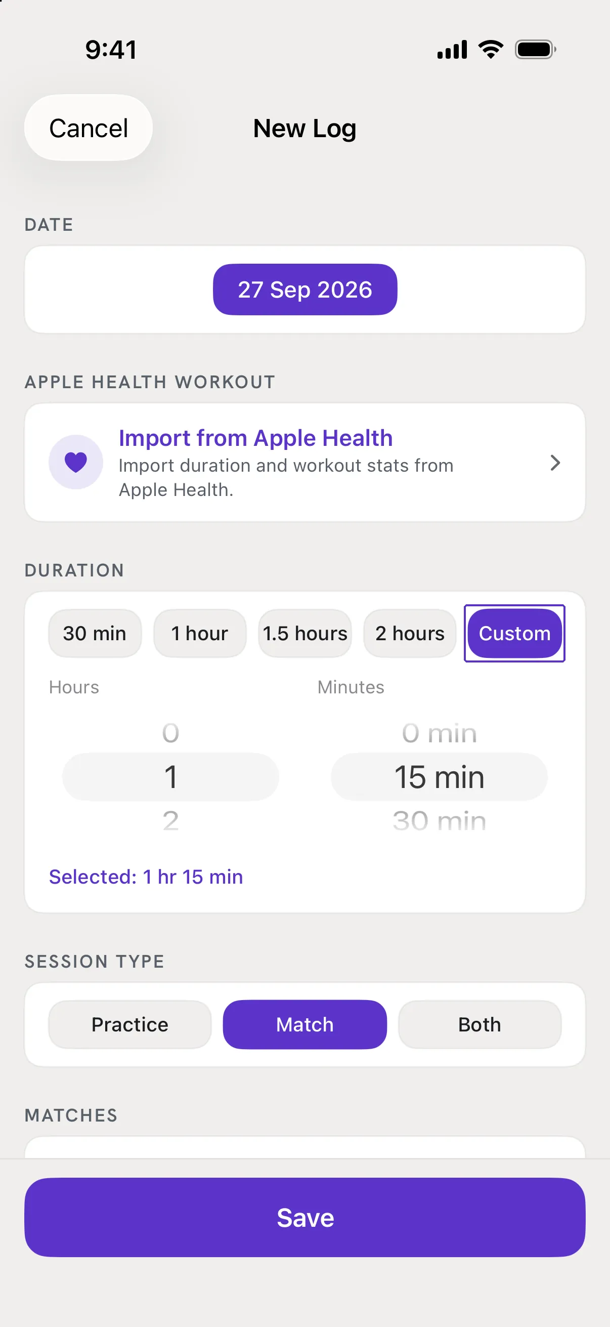 The Duration card with Custom selected, showing hours and minutes wheels set to 1 hr 15 min.