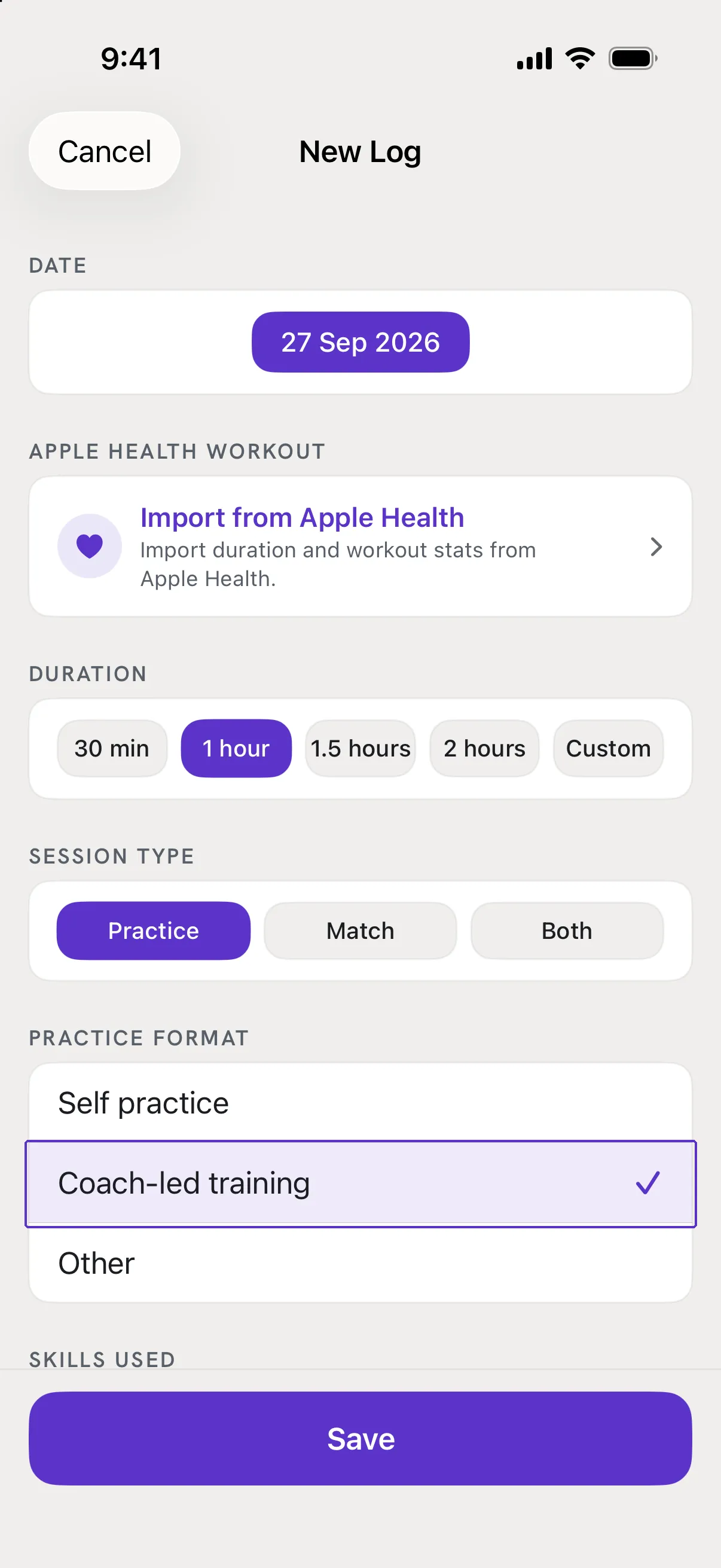 The Practice Format card with Coach-led training selected.