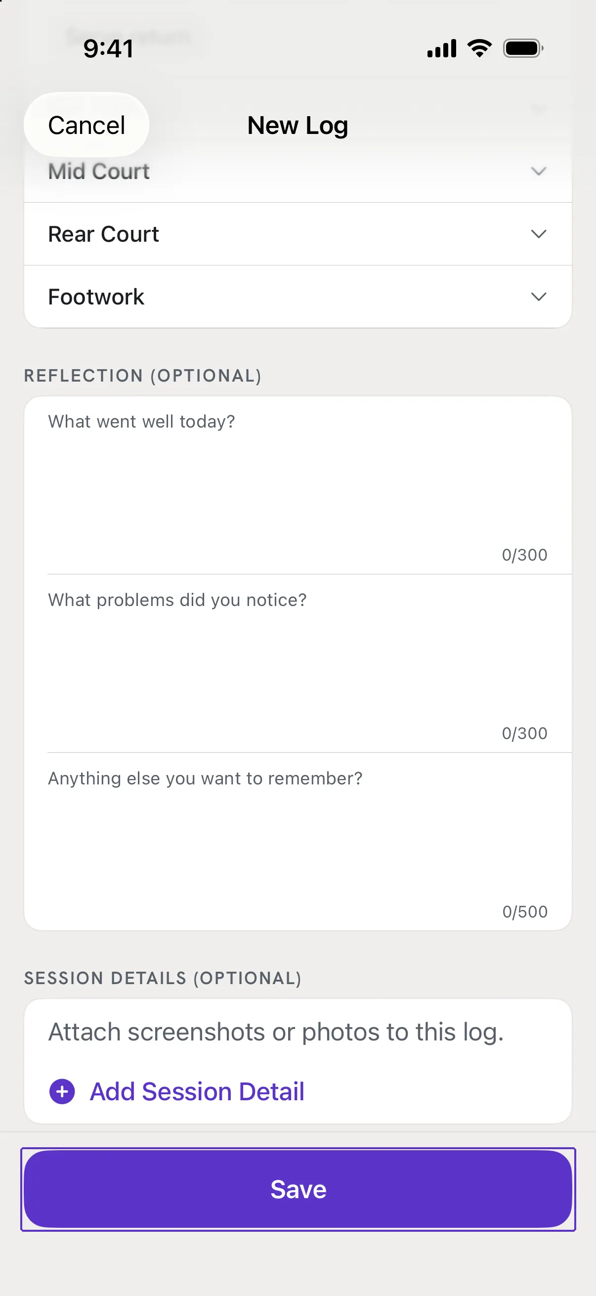 The lower part of New Log: Reflection and Session Details, with Save outlined.