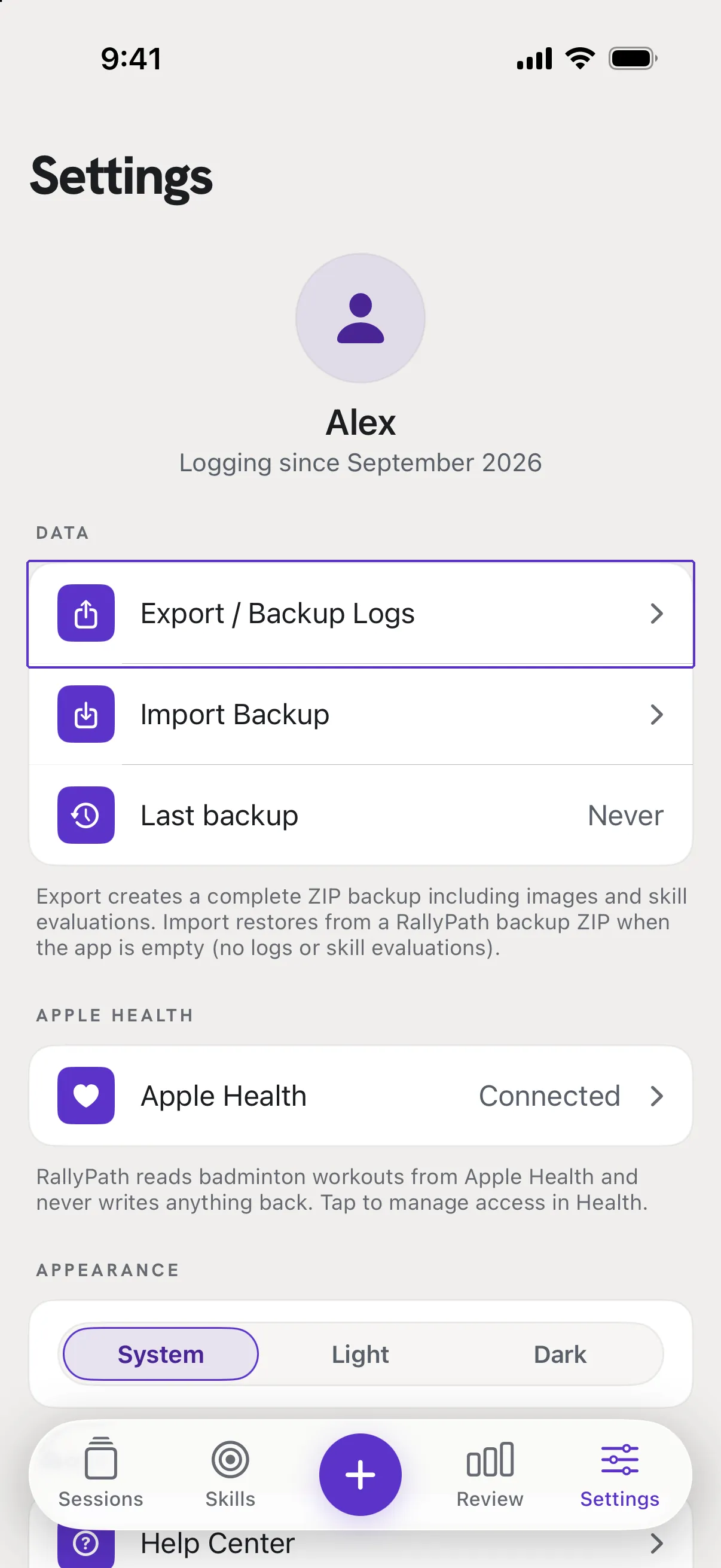 RallyPath Settings with Export / Backup Logs outlined in the Data card.