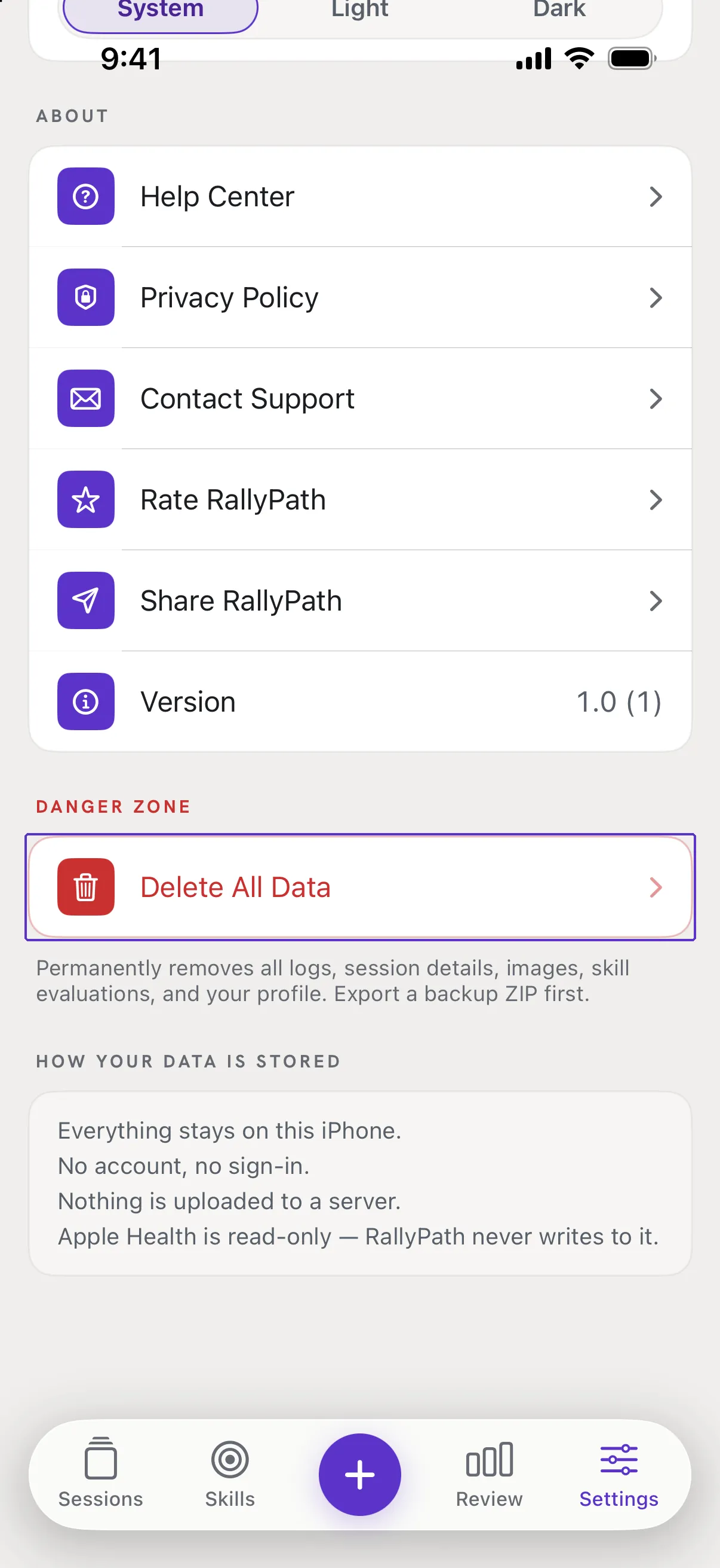 The bottom of Settings with Delete All Data outlined in the Danger Zone.