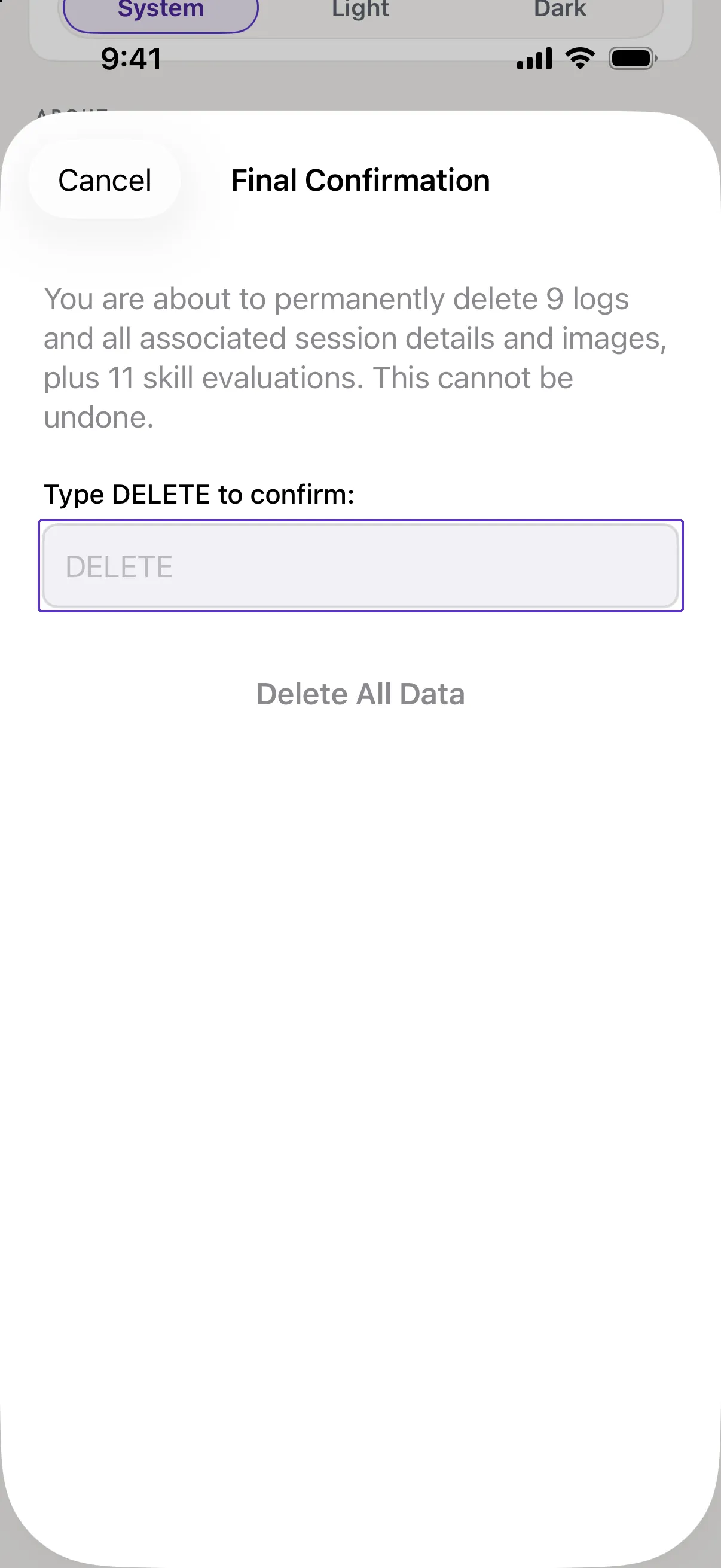 The Final Confirmation sheet asking you to type DELETE, with the text box outlined.