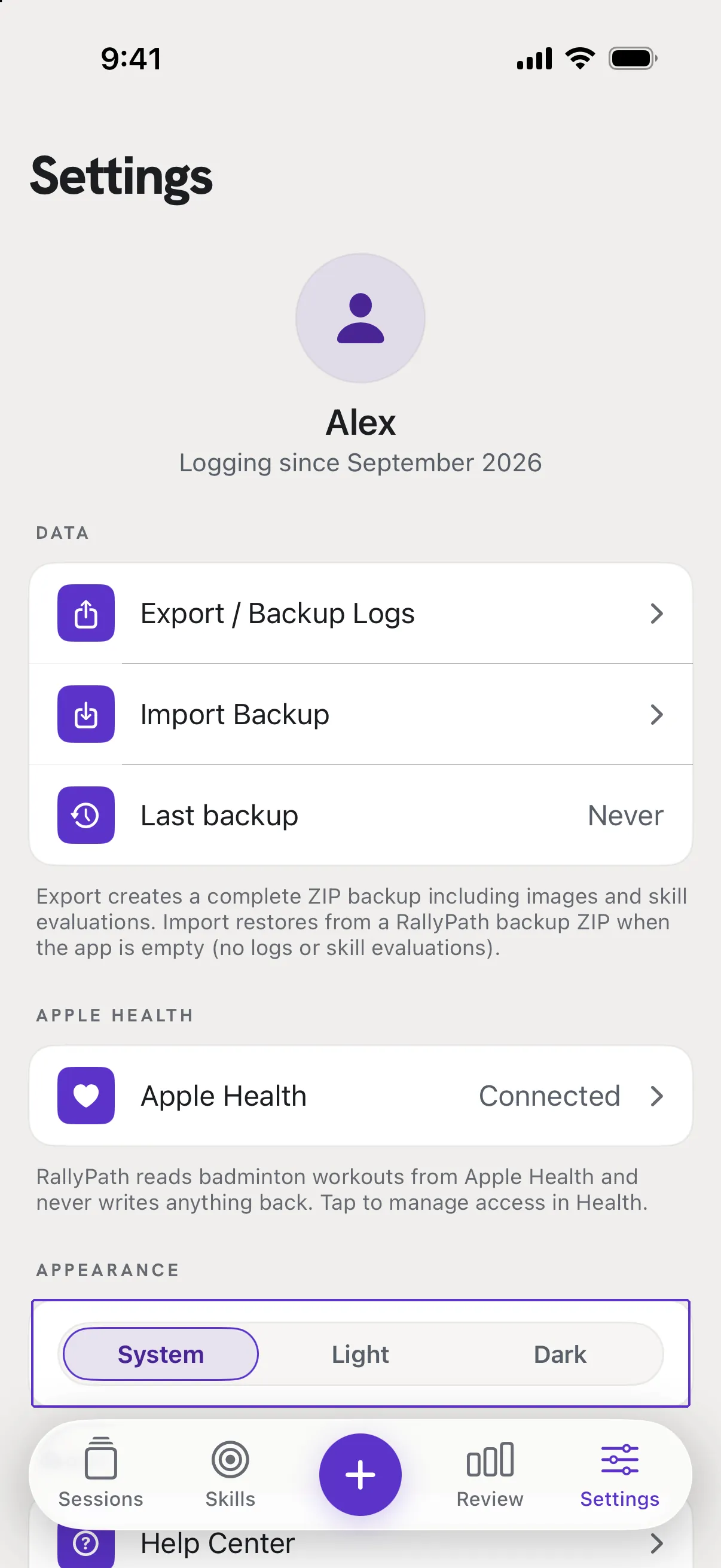 The Appearance card in Settings with System, Light and Dark.