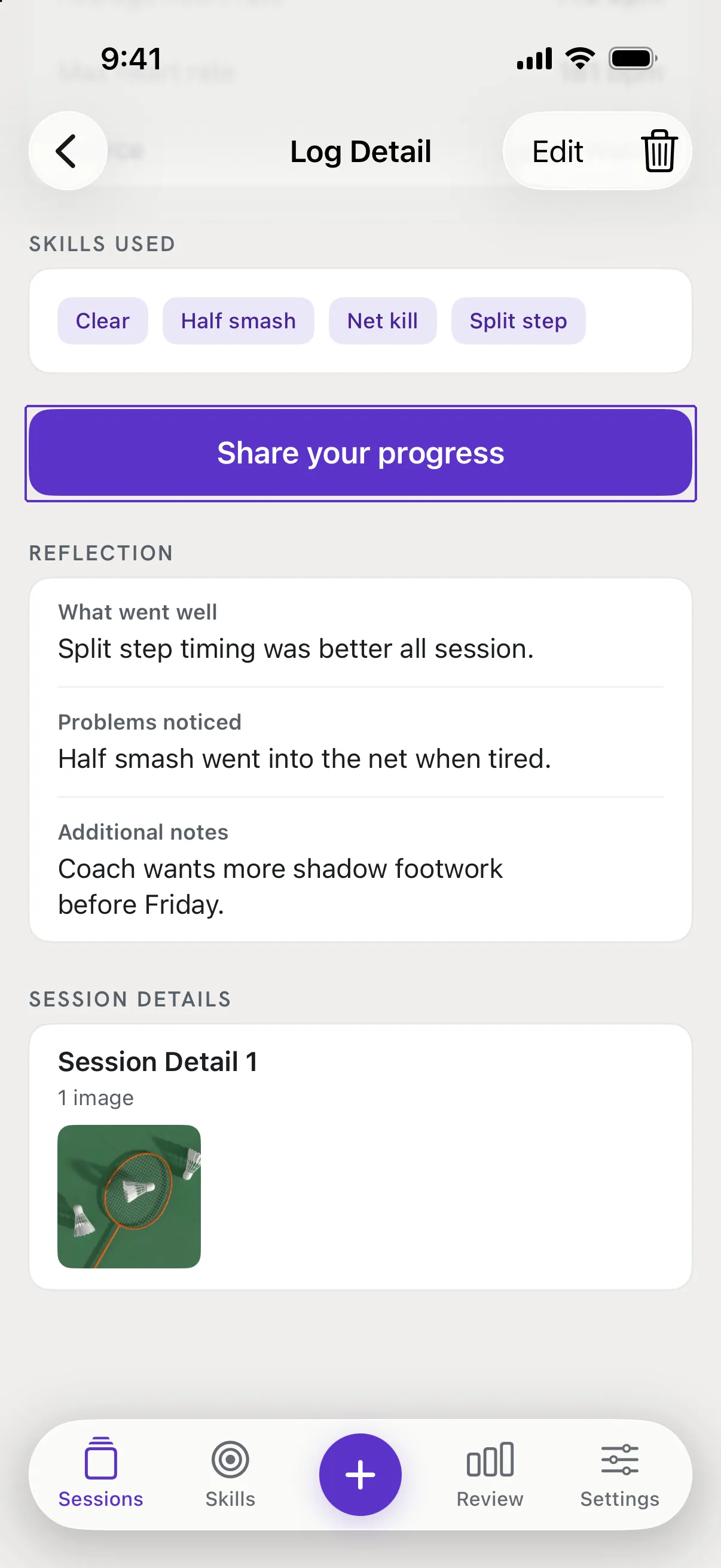 The Log Detail screen with the Share your progress button outlined.
