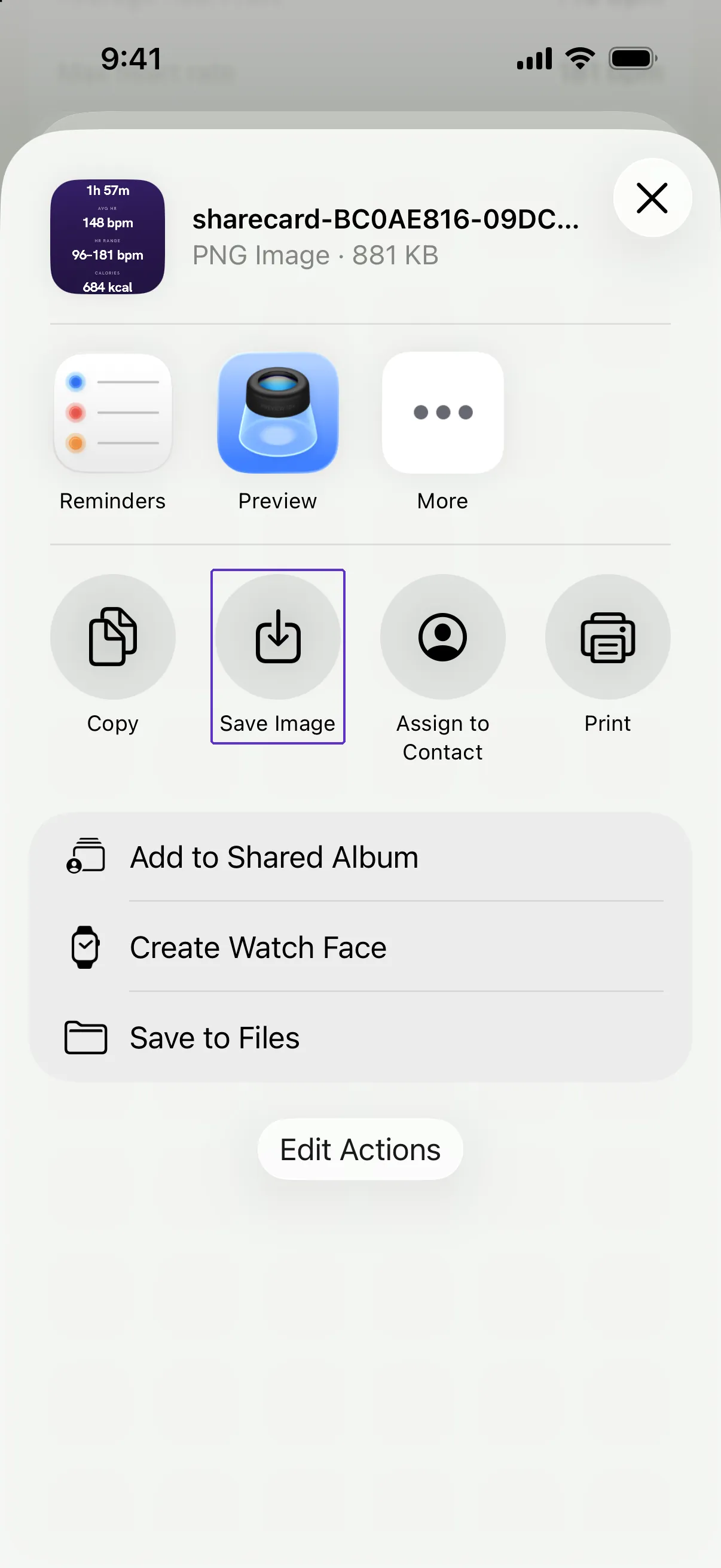 The iOS share sheet over the Share screen, with Save Image outlined.