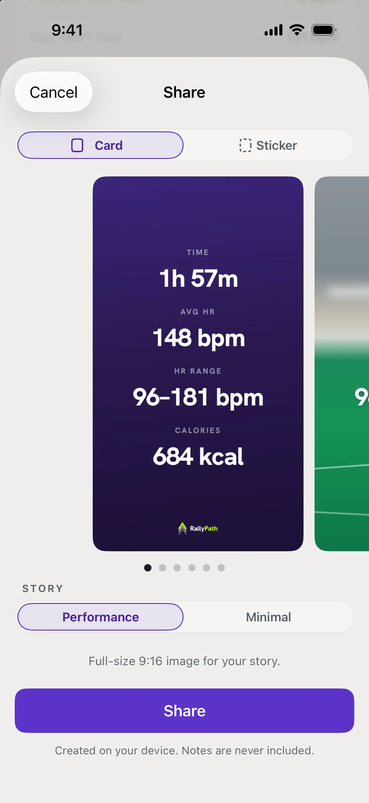 Performance: time, heart rate and calories.