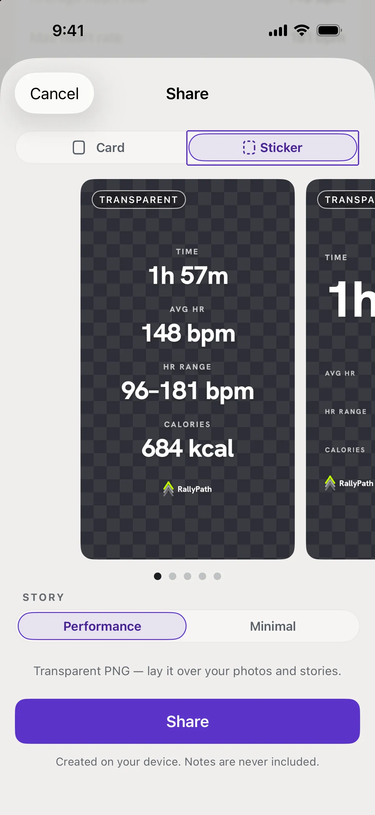 The Share screen with Sticker selected and a see-through preview, Sticker outlined.