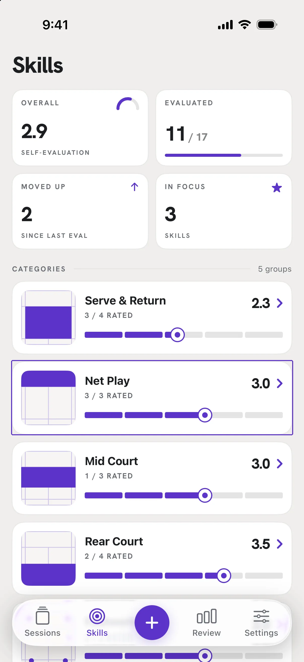The Skills tab with the four tiles on top and the Net Play area outlined under CATEGORIES.