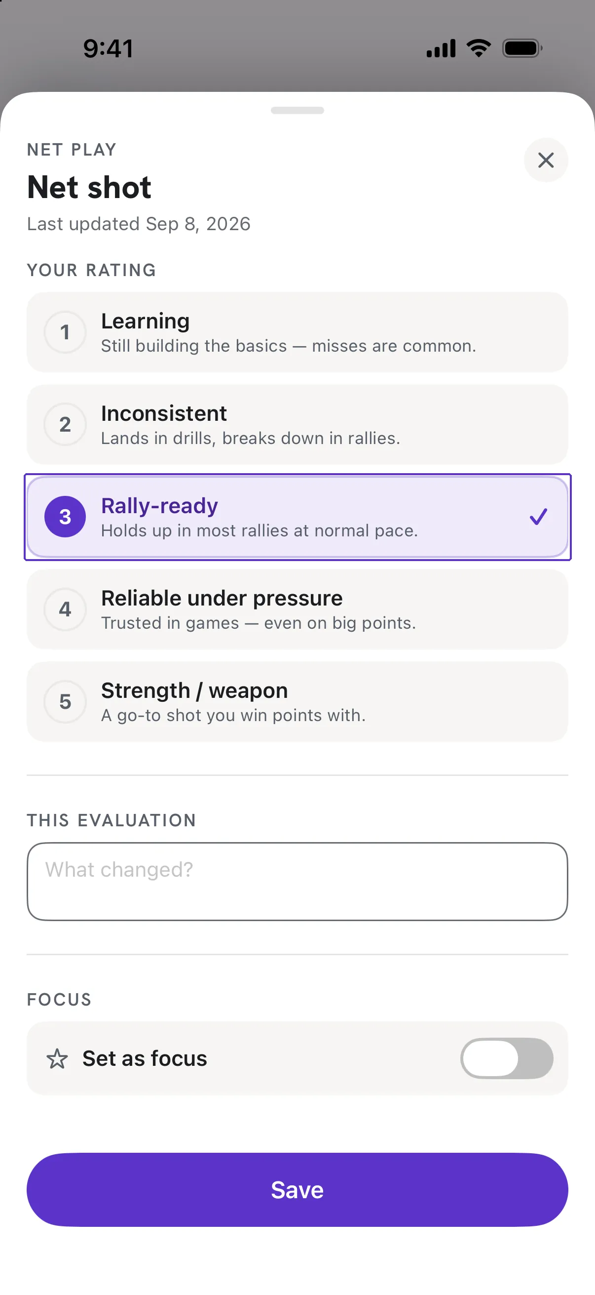 The rating sheet for Net shot with level 3, Rally-ready, outlined.
