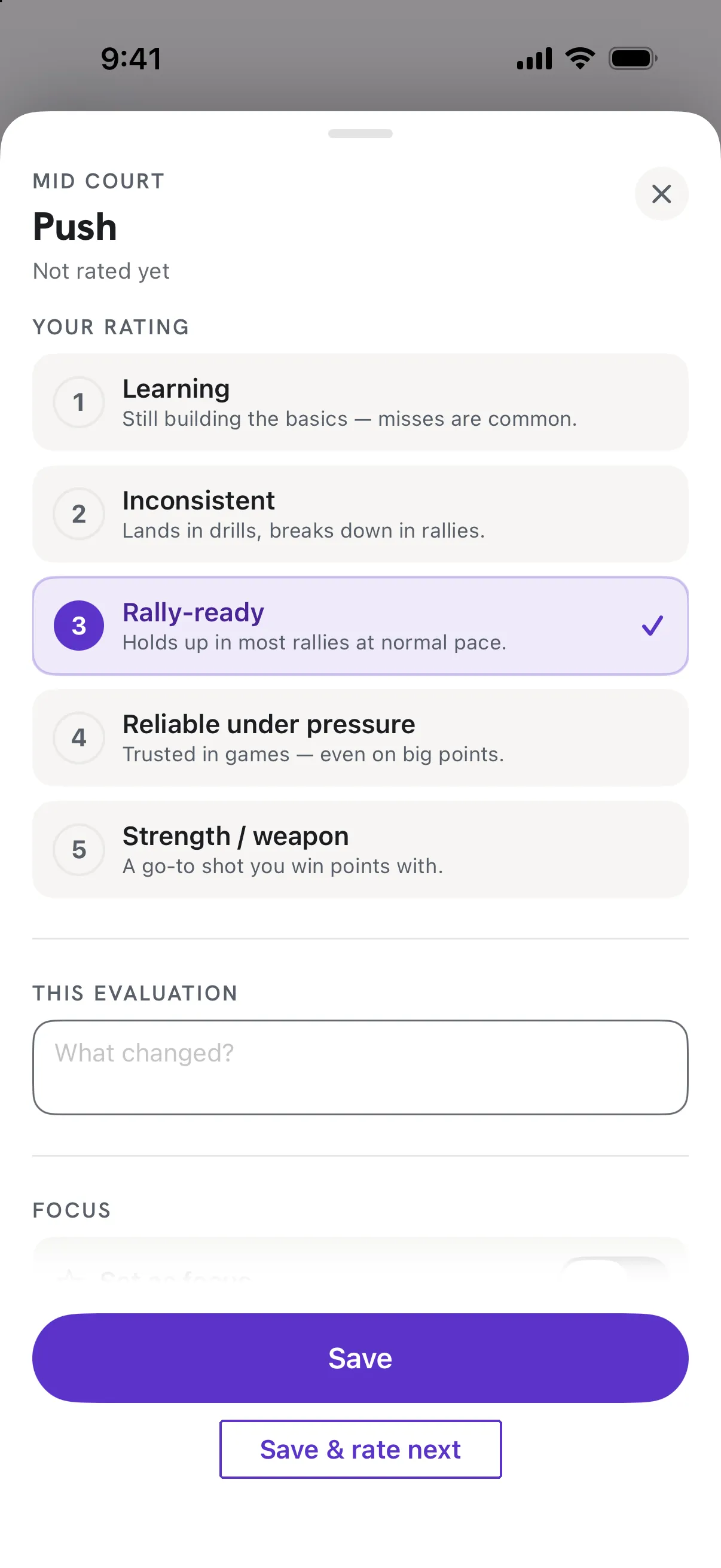 The rating sheet for an unrated skill with Save & rate next outlined under Save.