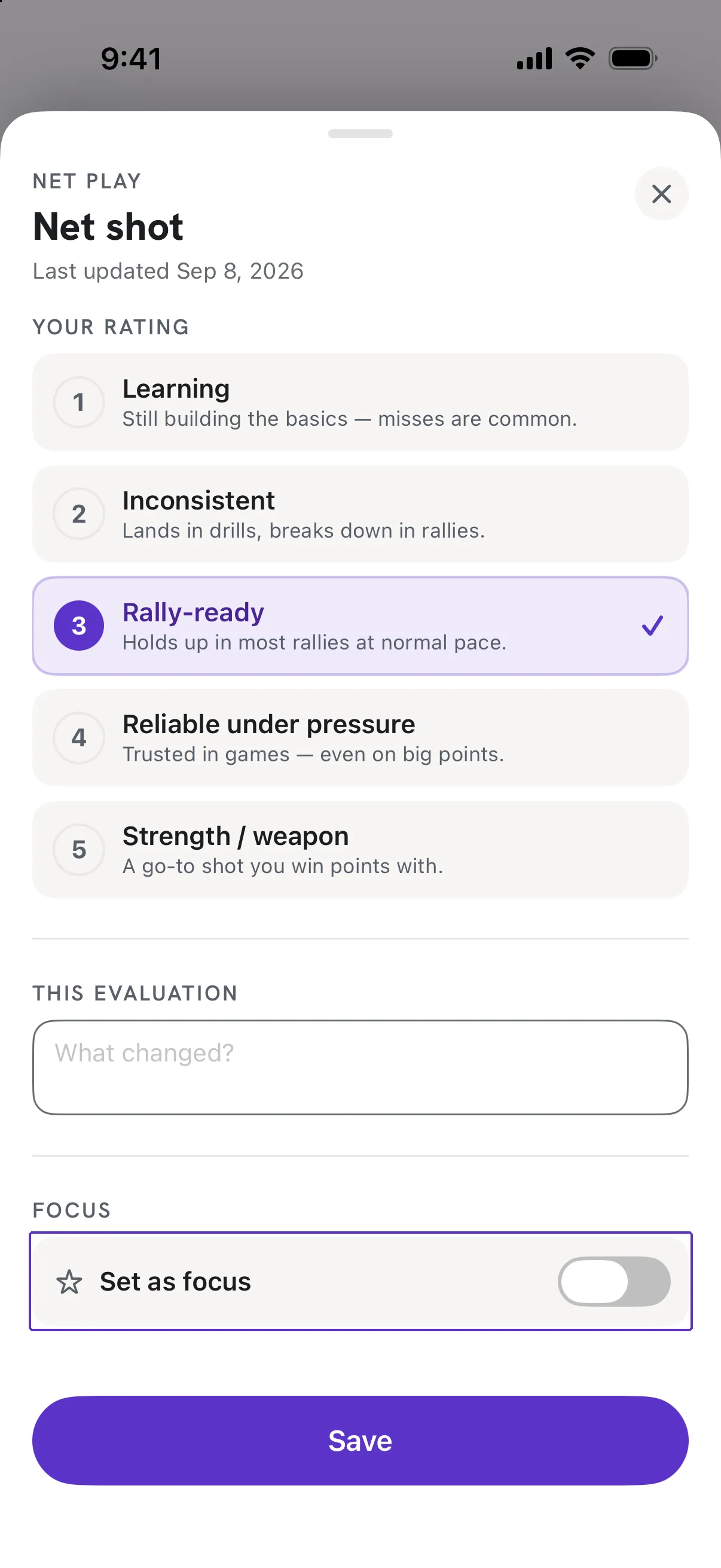 The rating sheet with the Set as focus switch outlined.