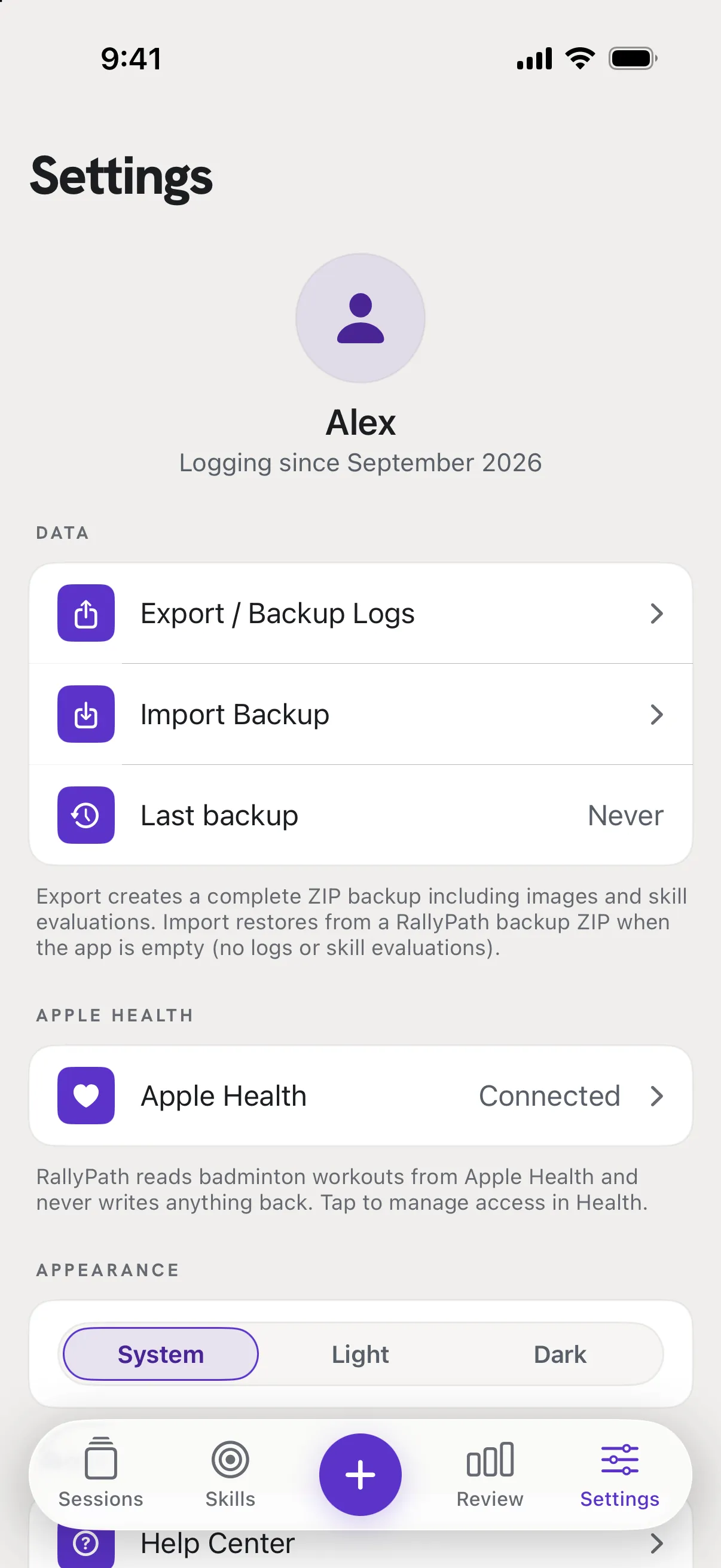 Settings: backup, Apple Health and appearance.