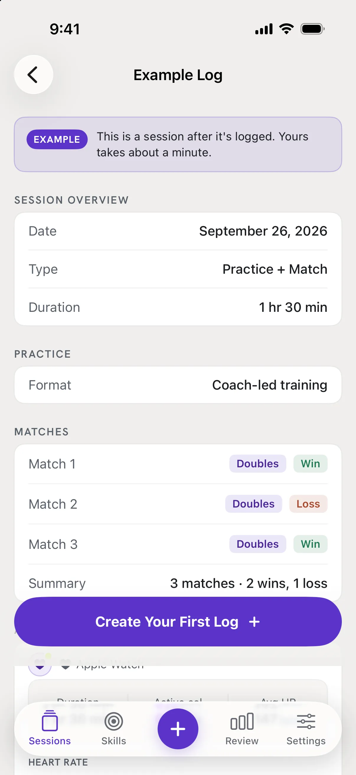 The Example Log screen showing a finished Practice + Match session with three matches.