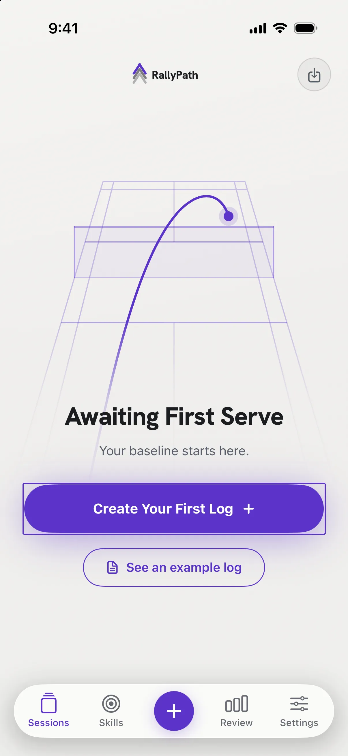 The first-launch screen with the Create Your First Log button outlined.