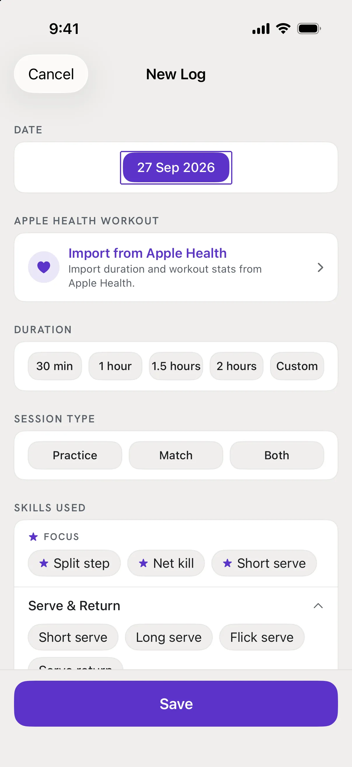 The New Log screen with the date chip outlined at the top.