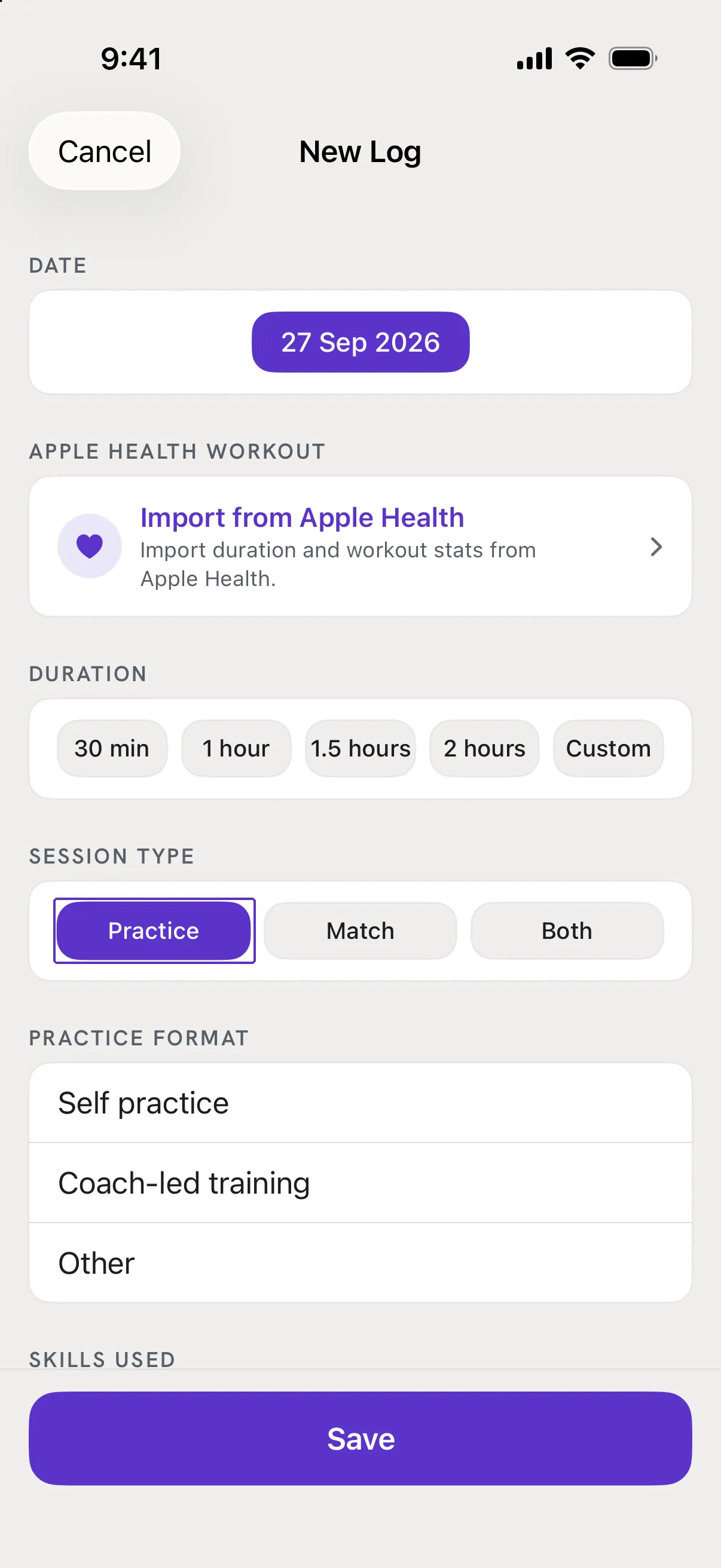 The Session Type card with Practice selected and the Practice Format card below it.
