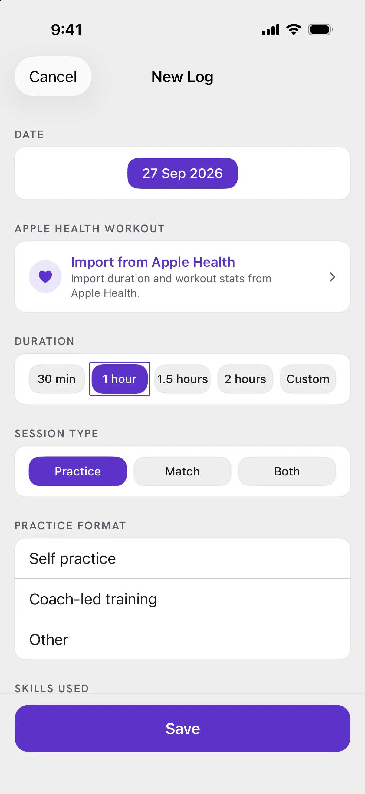 The Duration card with 1 hour selected.