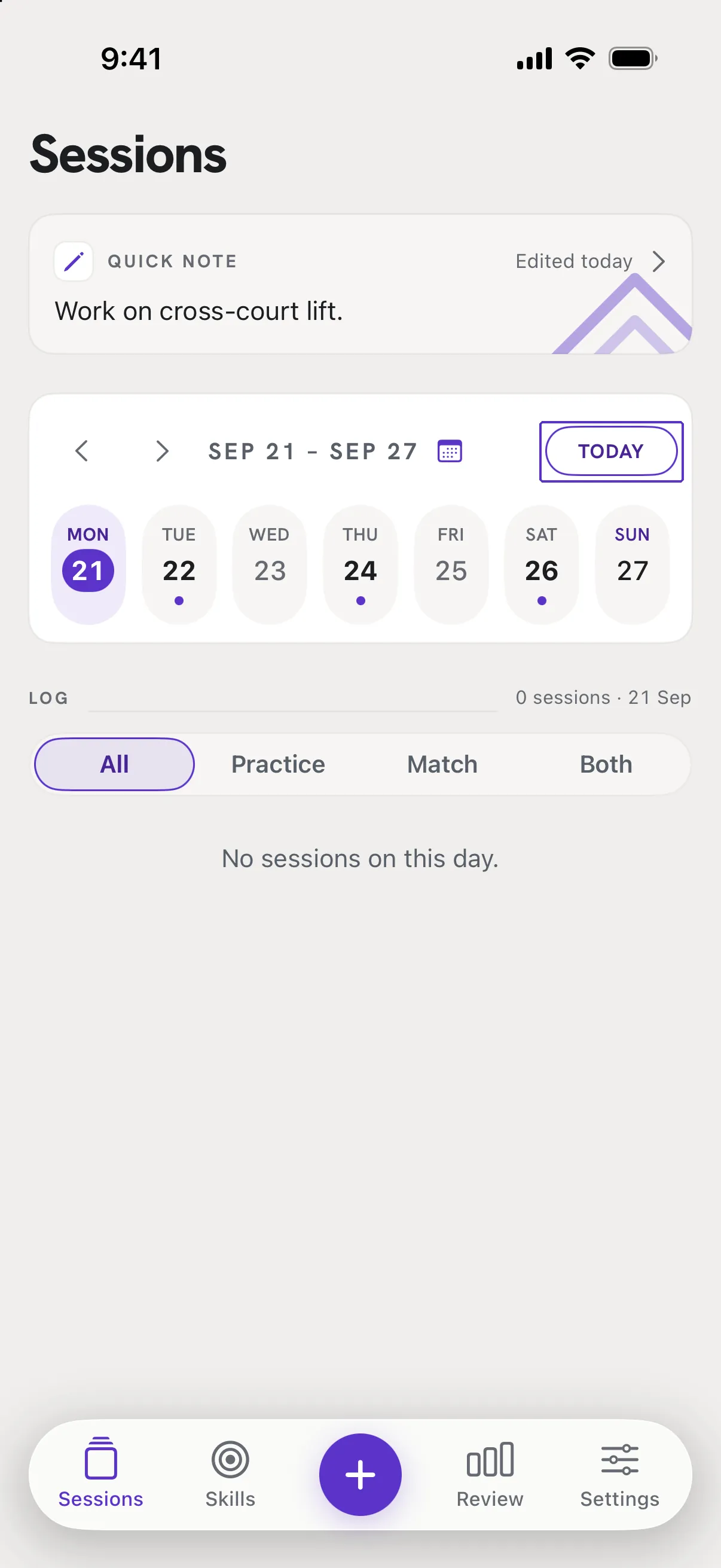 The Sessions tab with a day that has no sessions selected, and the Today button outlined.