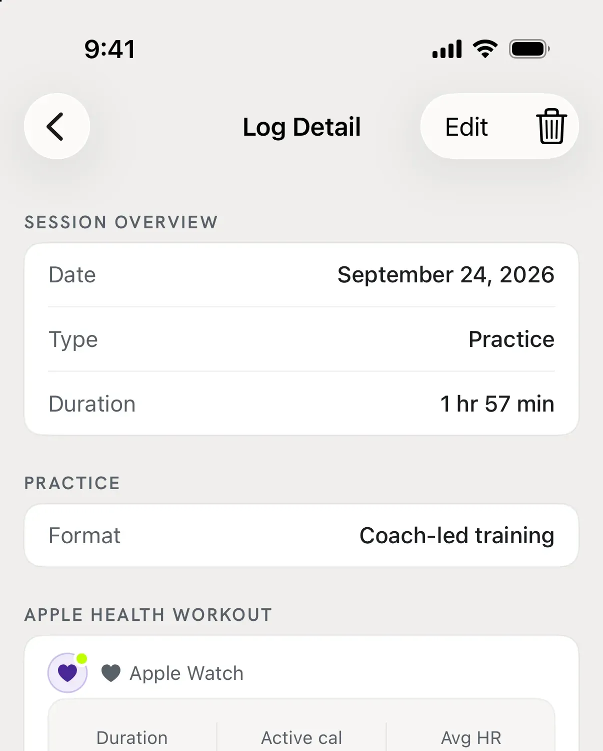 A logged practice session: date, type and duration at the top, and the Apple Health workout below with duration, active calories and average heart rate.