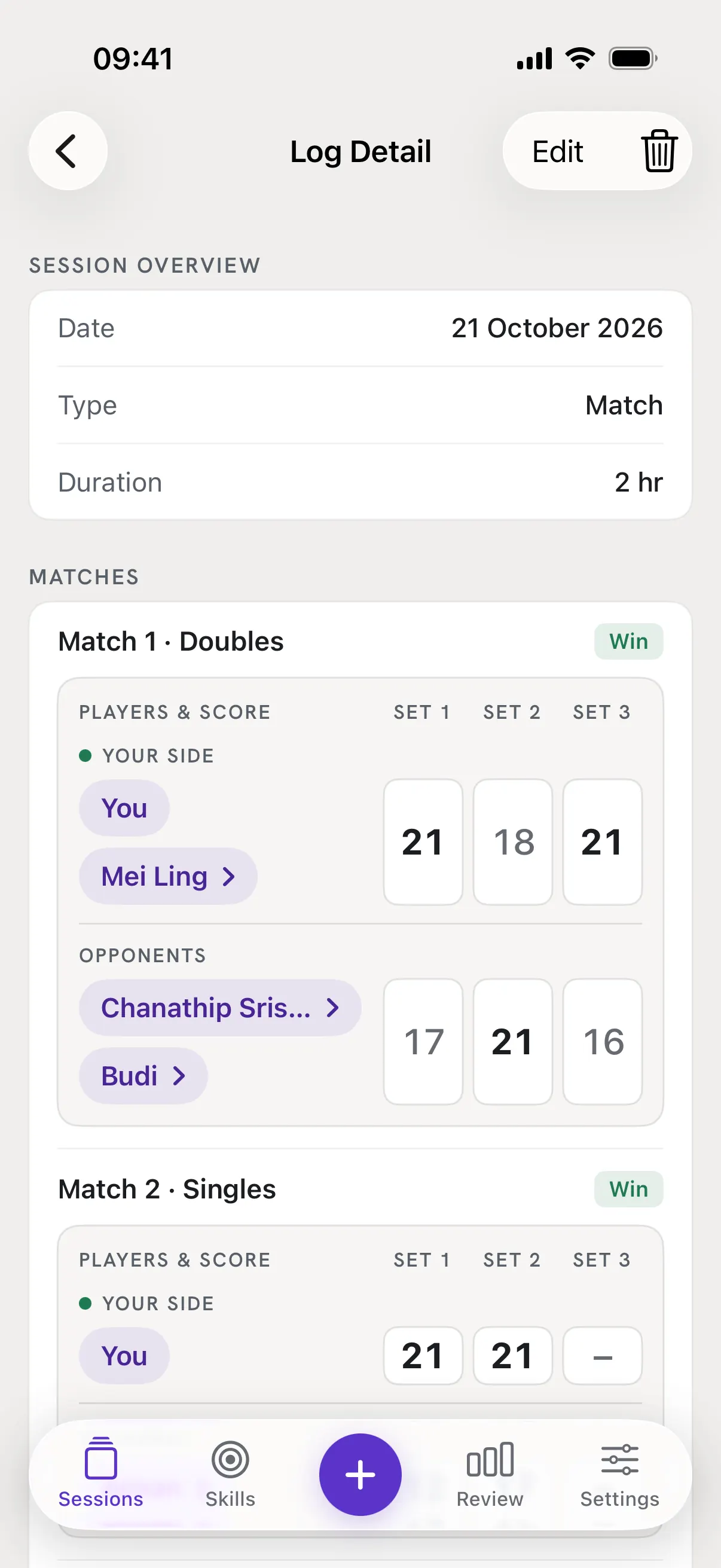 Log Detail for a session with two matches. Every player's name is a button that opens their page.