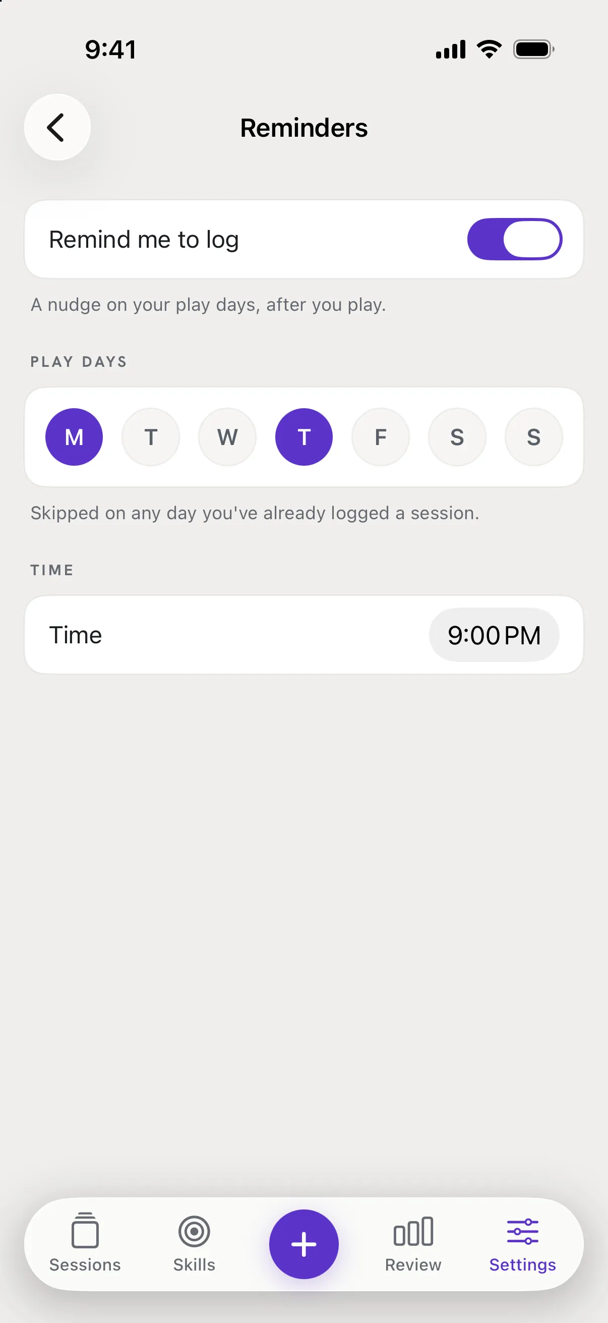 The Reminders screen: Remind me to log switched on, Monday and Thursday picked, time 9:00 PM.